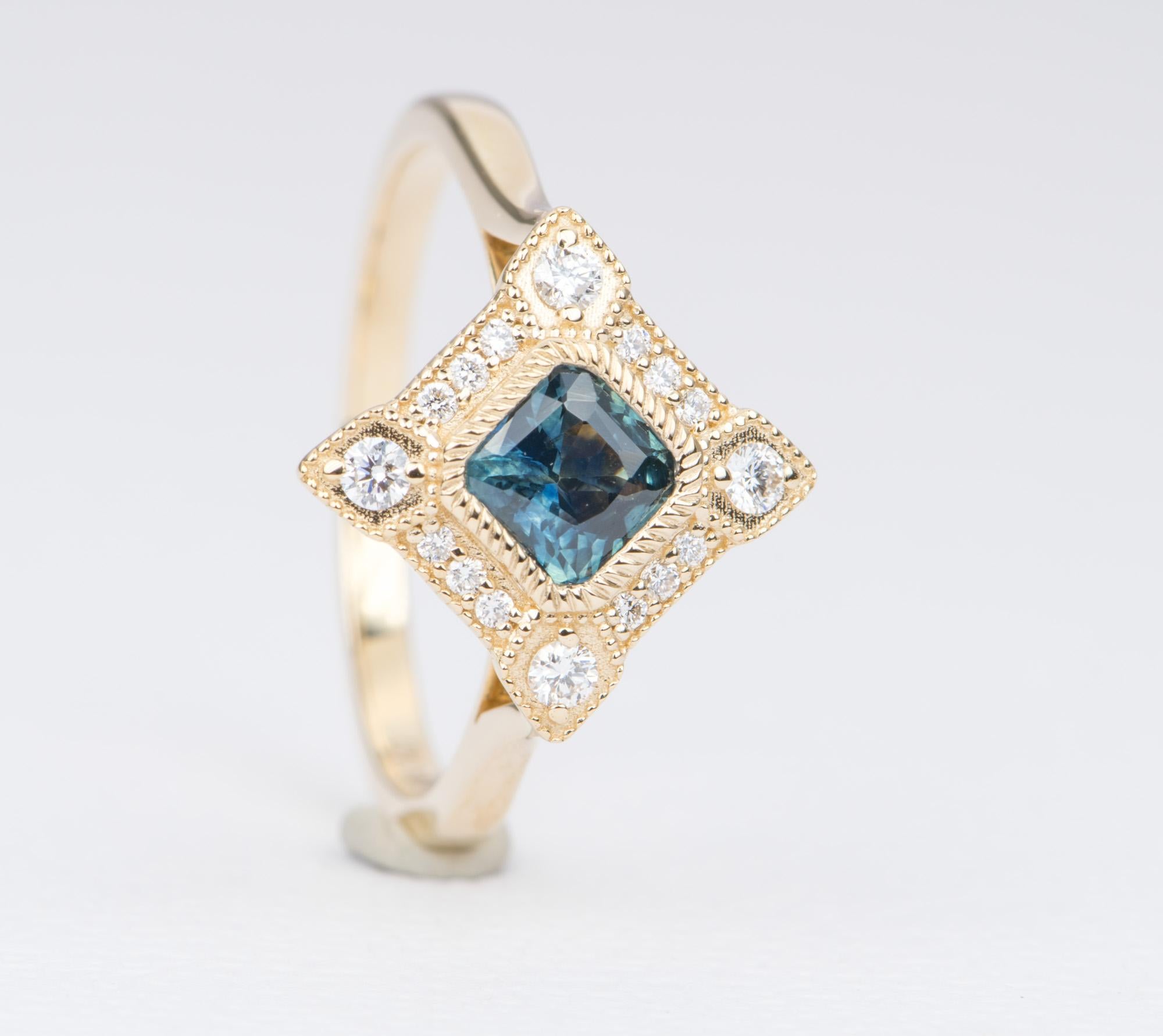 Blue Montana Sapphire with Diamond Halo 14K Yellow Gold Engagement Ring AD2219-4 In New Condition In Osprey, FL