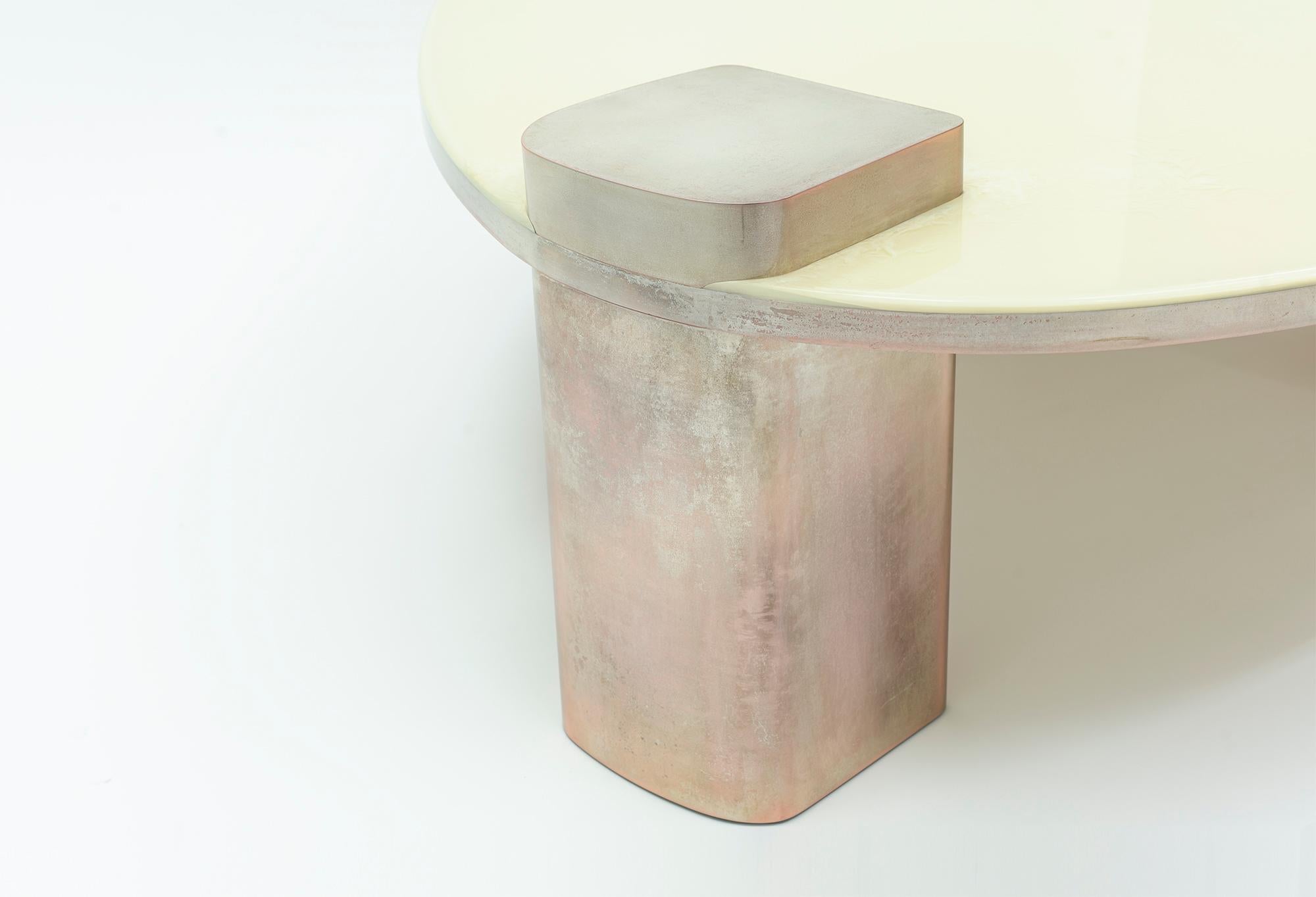 Patinated Blue Moom Mmxix, 21st Century Resin and Silvered Copper Oval Coffee Table For Sale