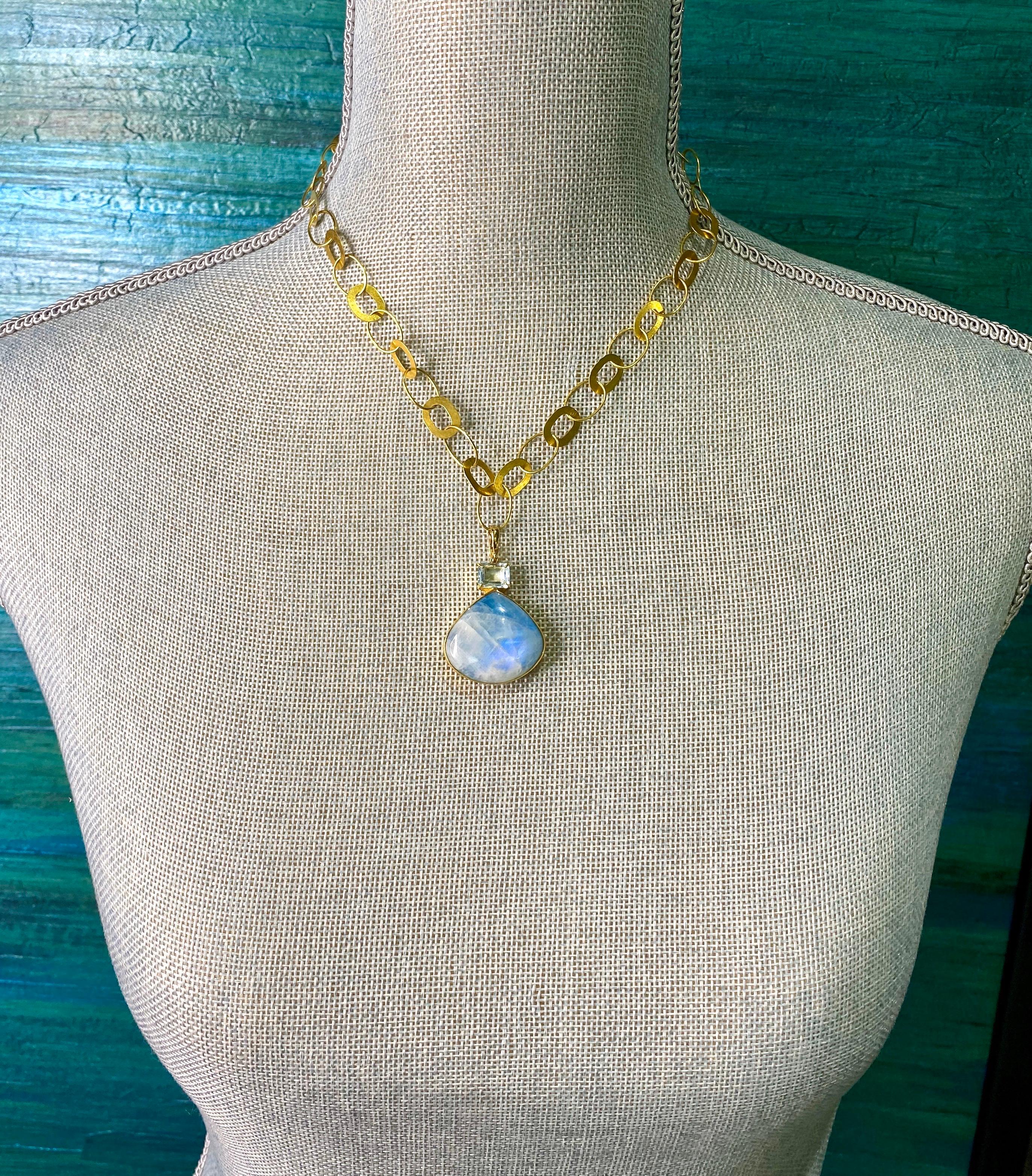 Contemporary Blue Moonstone and Aquamarine Enhancer Necklace, 18k Yellow Gold