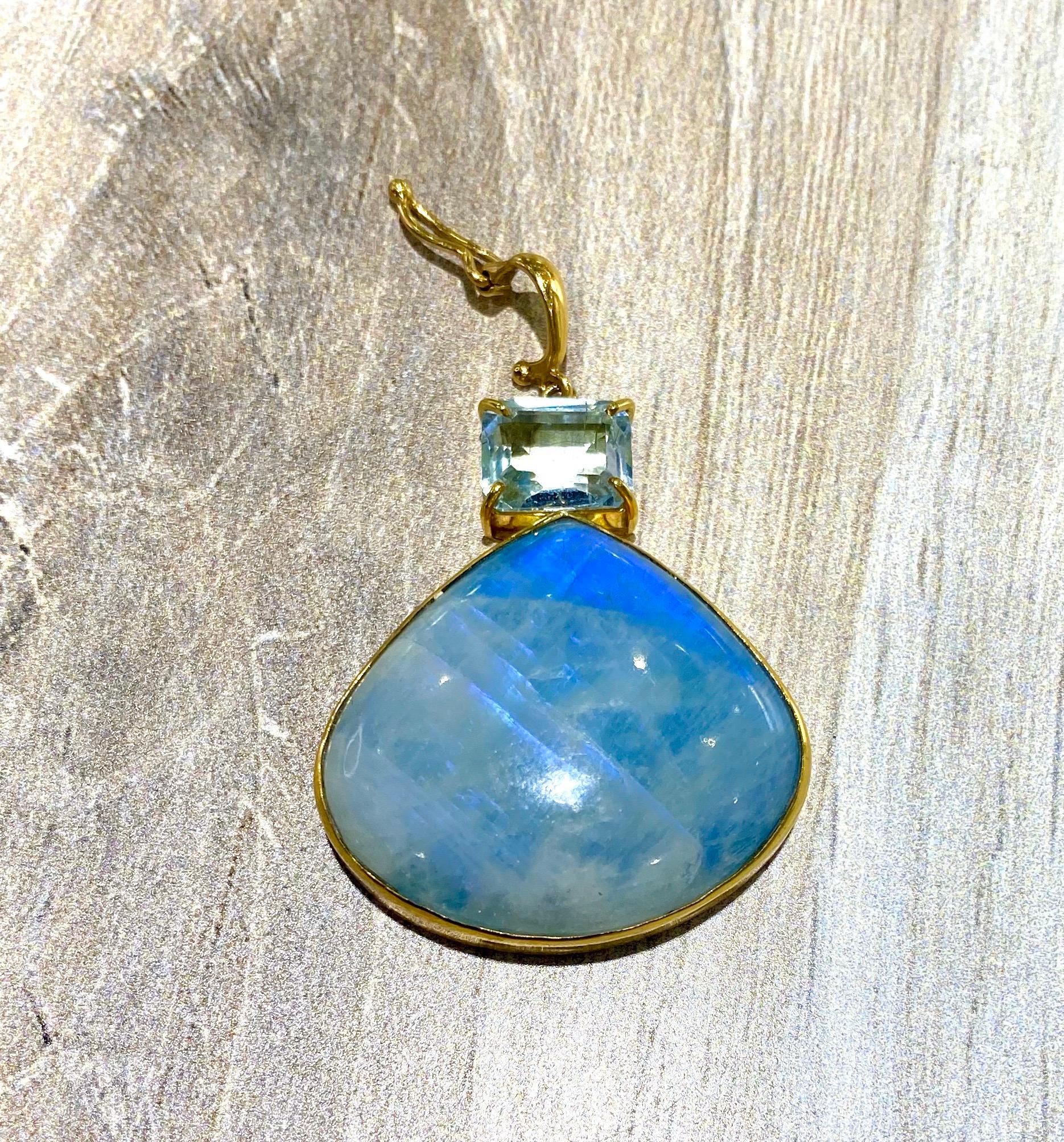 Emerald Cut Blue Moonstone and Aquamarine Enhancer Necklace, 18k Yellow Gold
