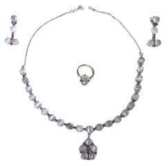 Blue Moonstone and Ruby Necklace Earrings and Cocktail Ring Set