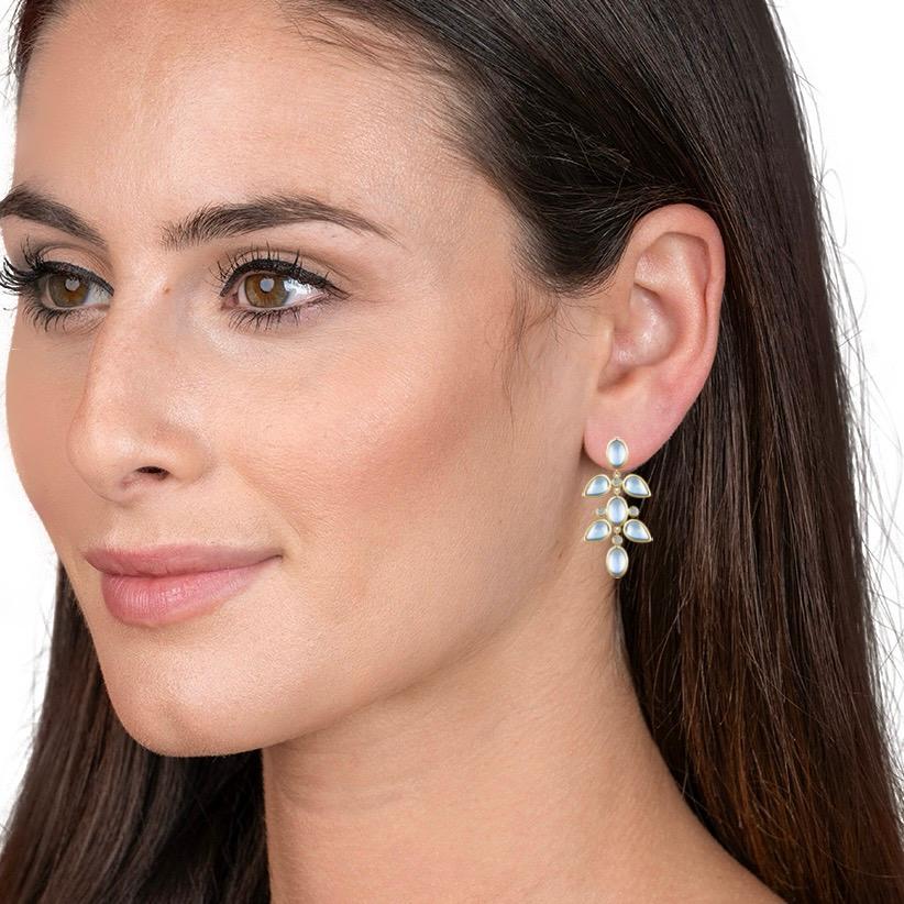 Blue Moonstone Diamond Drop Earrings in 14k Yellow Gold In New Condition In Rowland Heights, CA