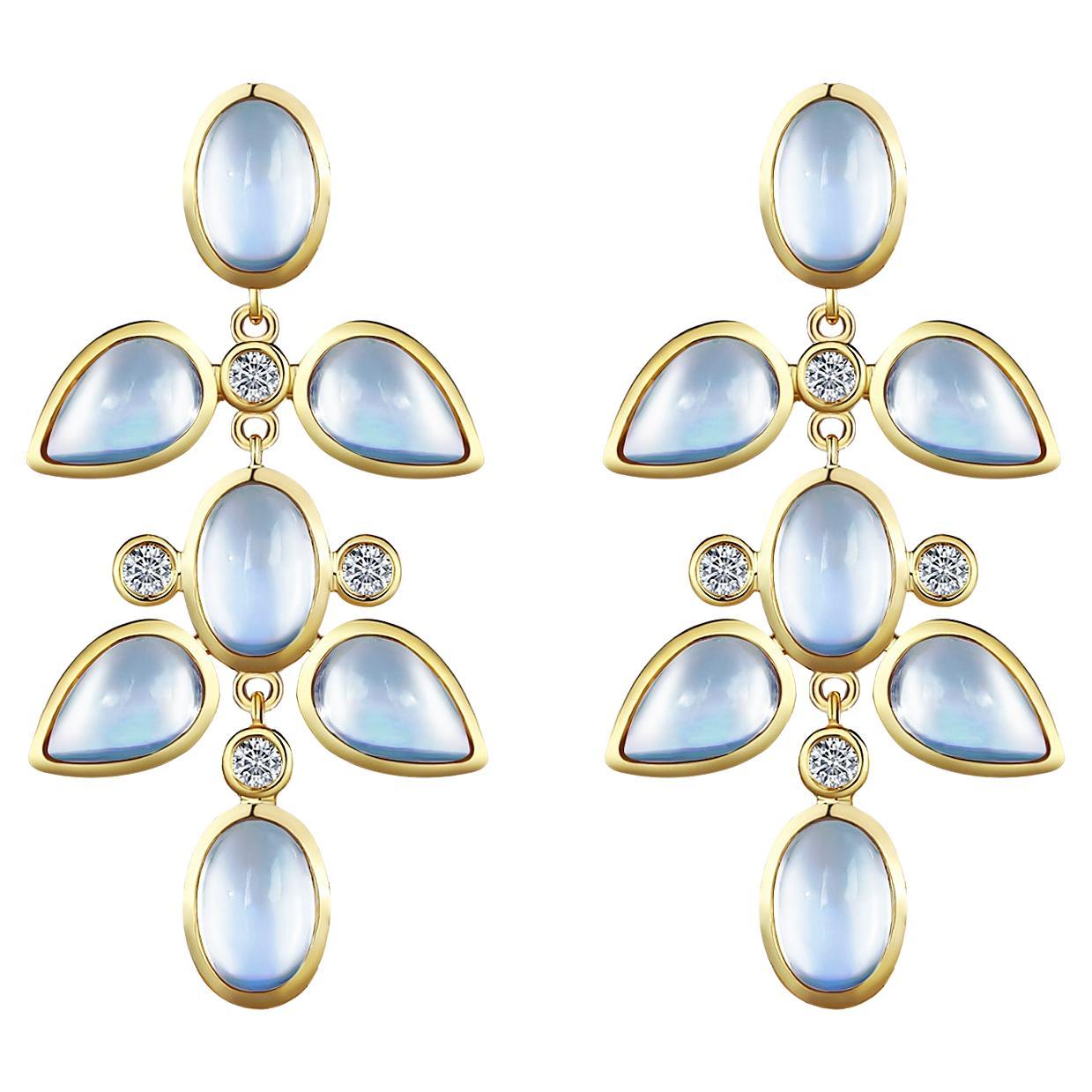 Boucles d'oreilles pendantes en or jaune 14k avec pierres de lune bleues et diamants