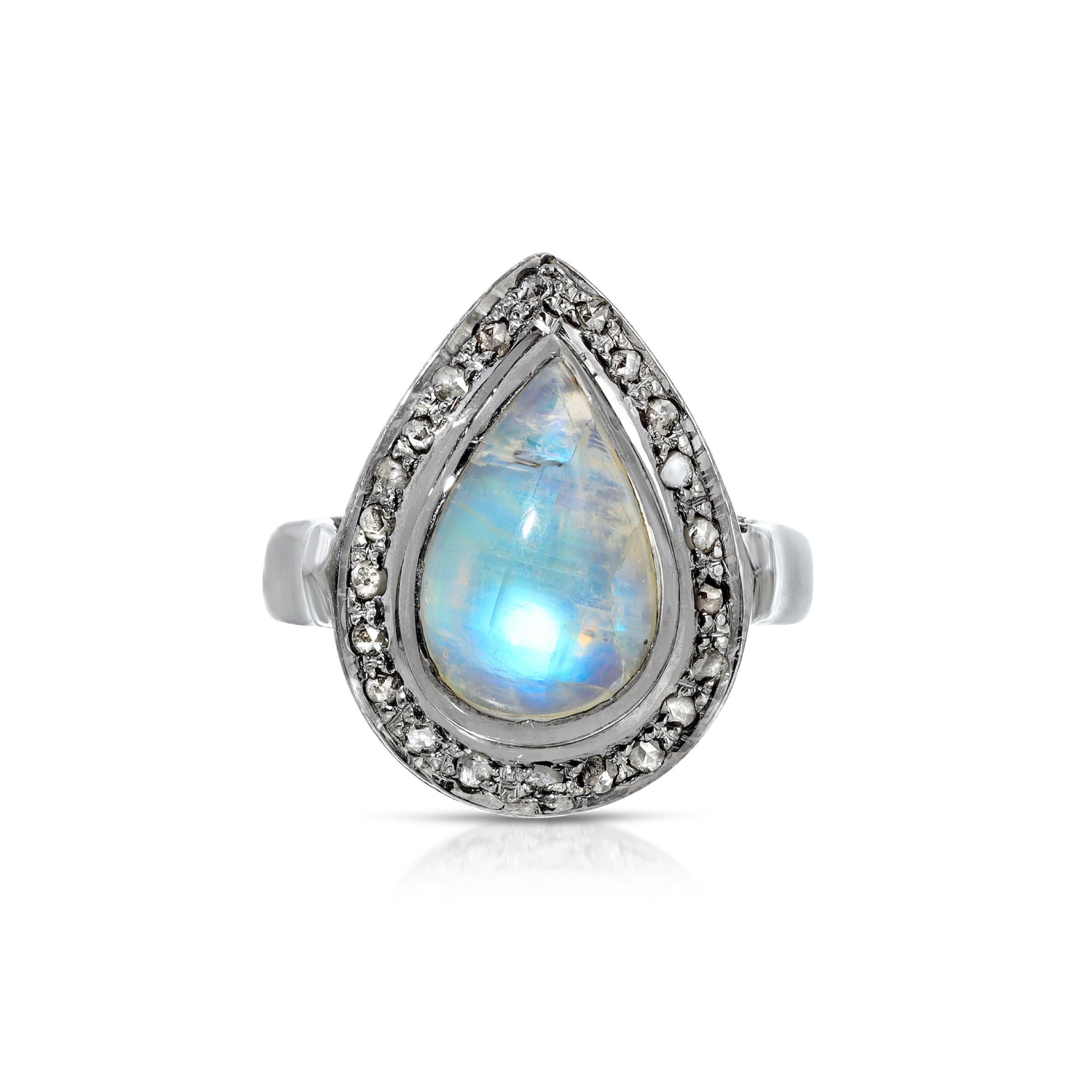 Mixed Cut Blue Moonstone Diamond Pear Statement Ring For Sale