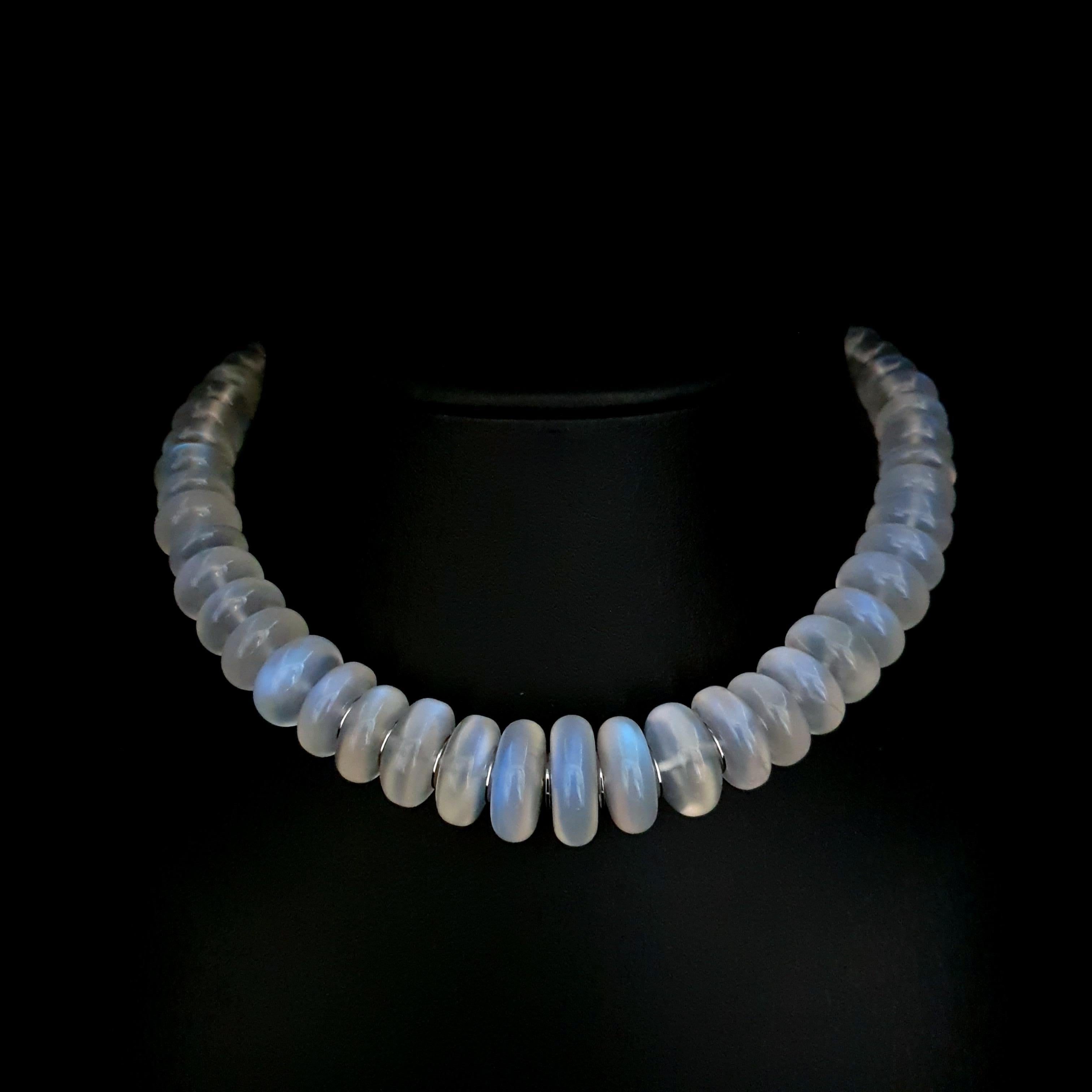 Arts and Crafts Blue Moonstone Rondel Beaded Necklace with 18 Carat White Gold Discs & Clasp For Sale