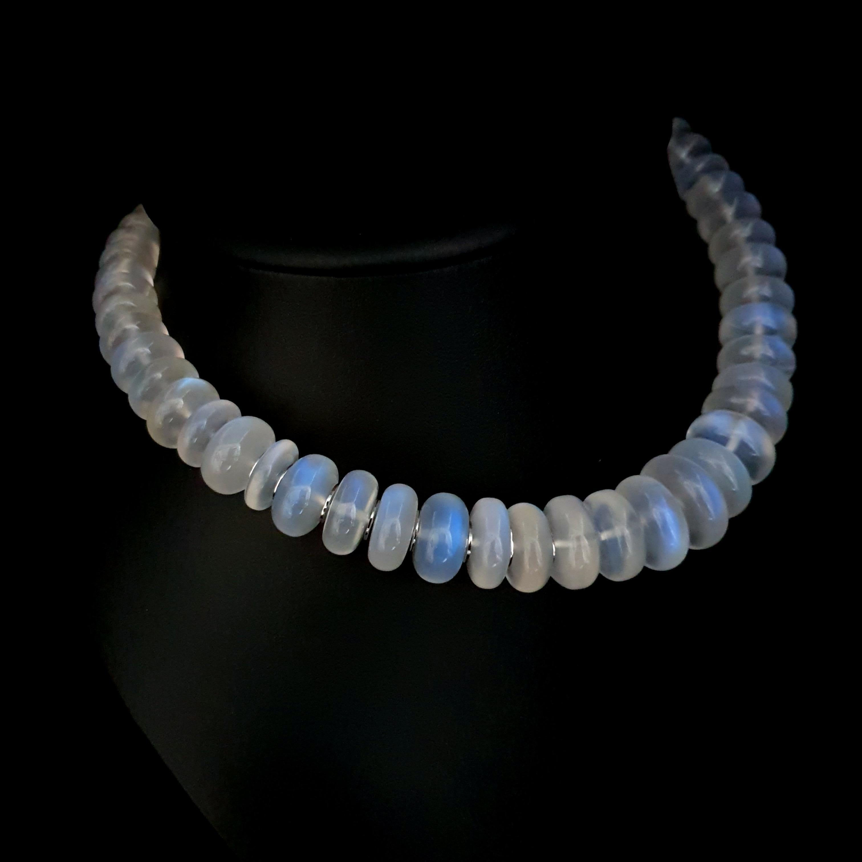 Women's Blue Moonstone Rondel Beaded Necklace with 18 Carat White Gold Discs & Clasp For Sale