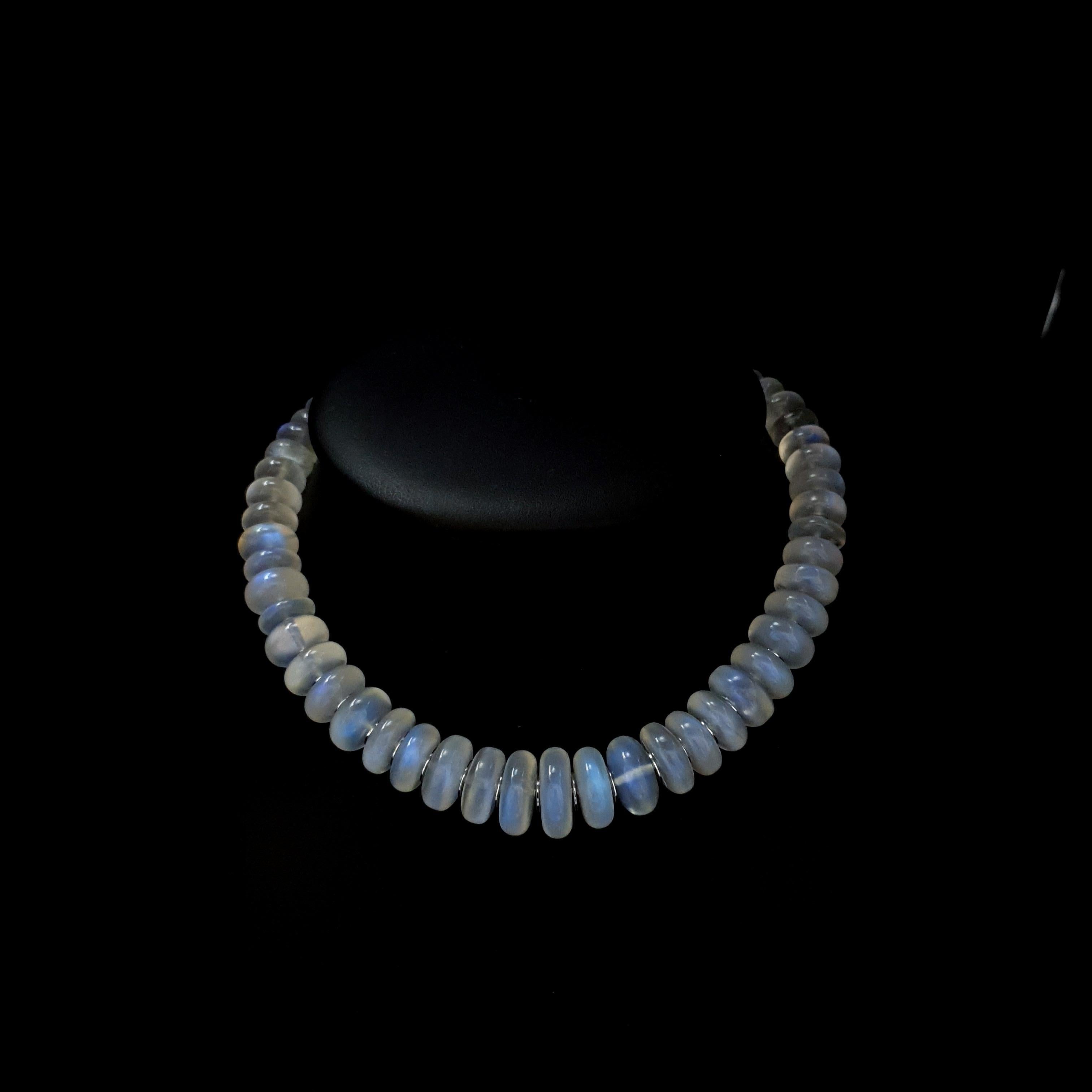 Blue Moonstone Rondel Beaded Necklace with 18 Carat White Gold Discs & Clasp For Sale 1