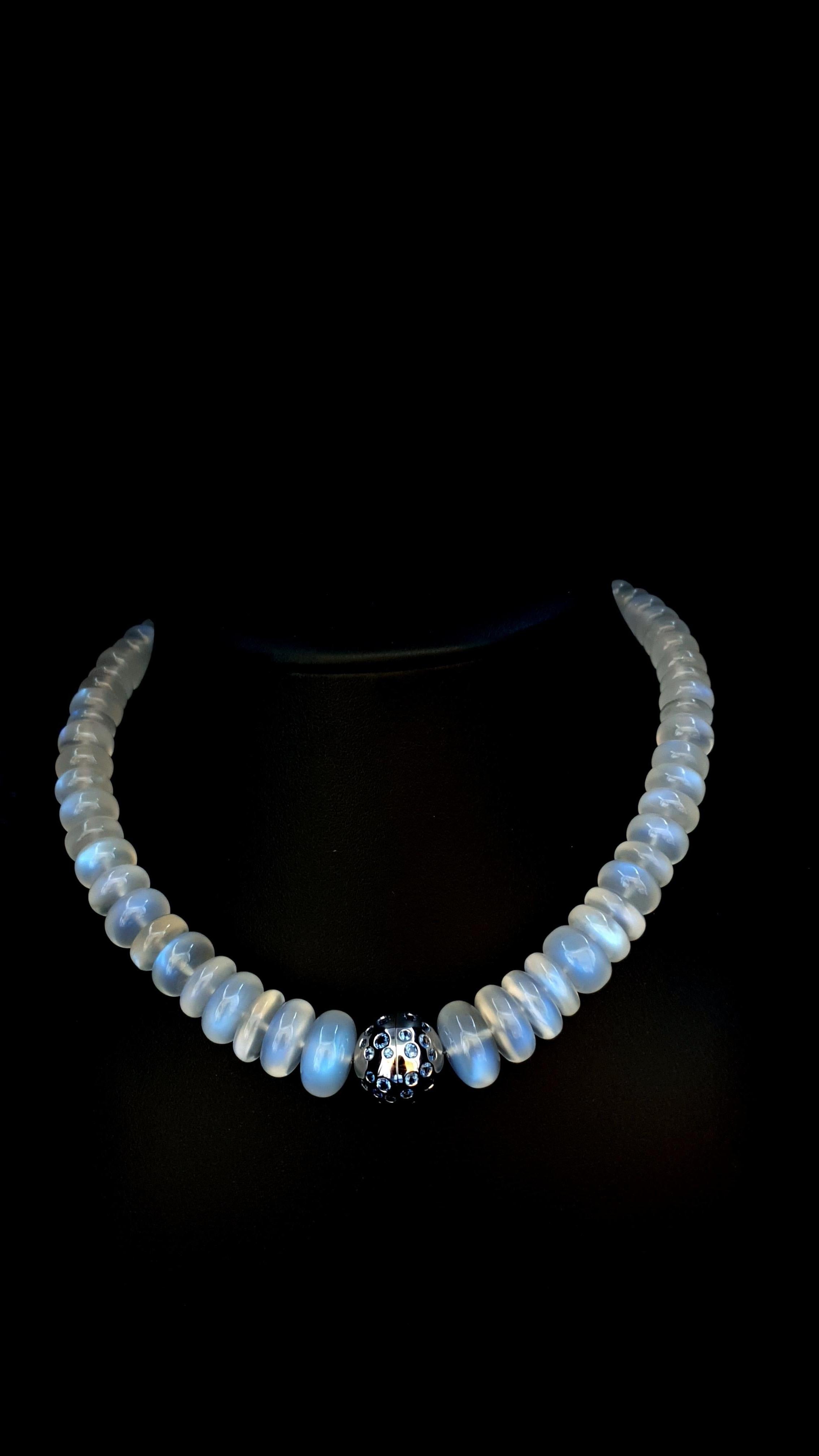 Arts and Crafts Blue Moonstone Rondel Beaded Necklace with 18 Carat White Gold Sapphire Clasp For Sale
