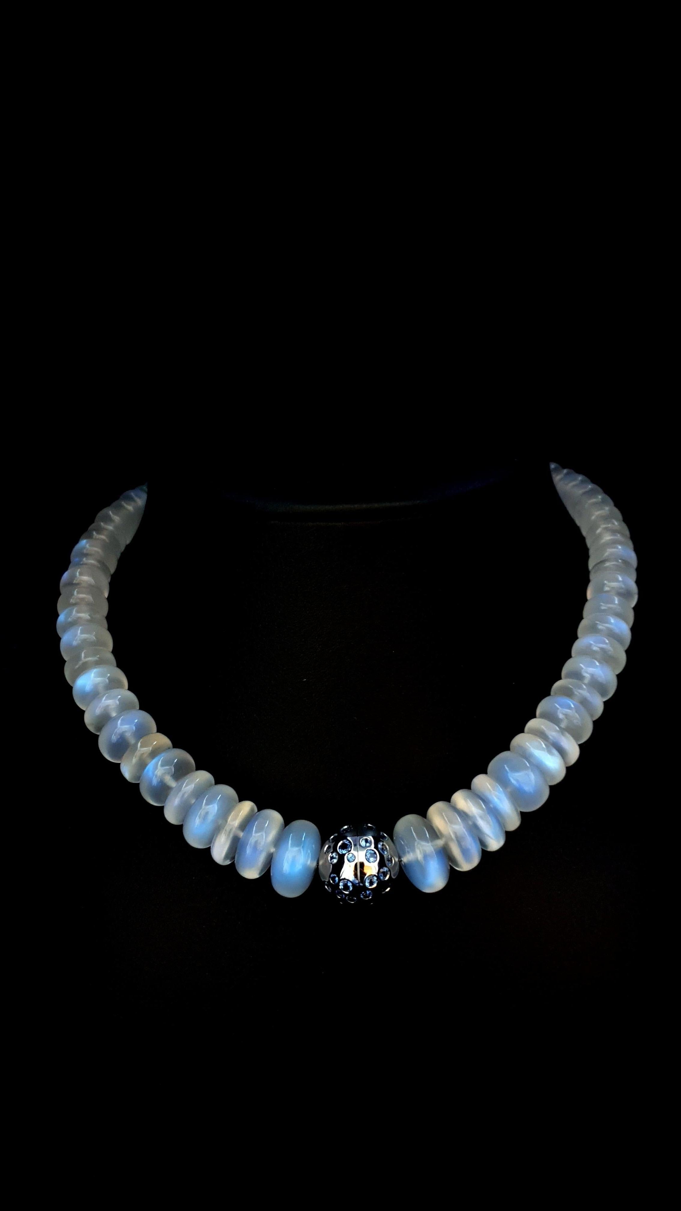 Women's Blue Moonstone Rondel Beaded Necklace with 18 Carat White Gold Sapphire Clasp For Sale