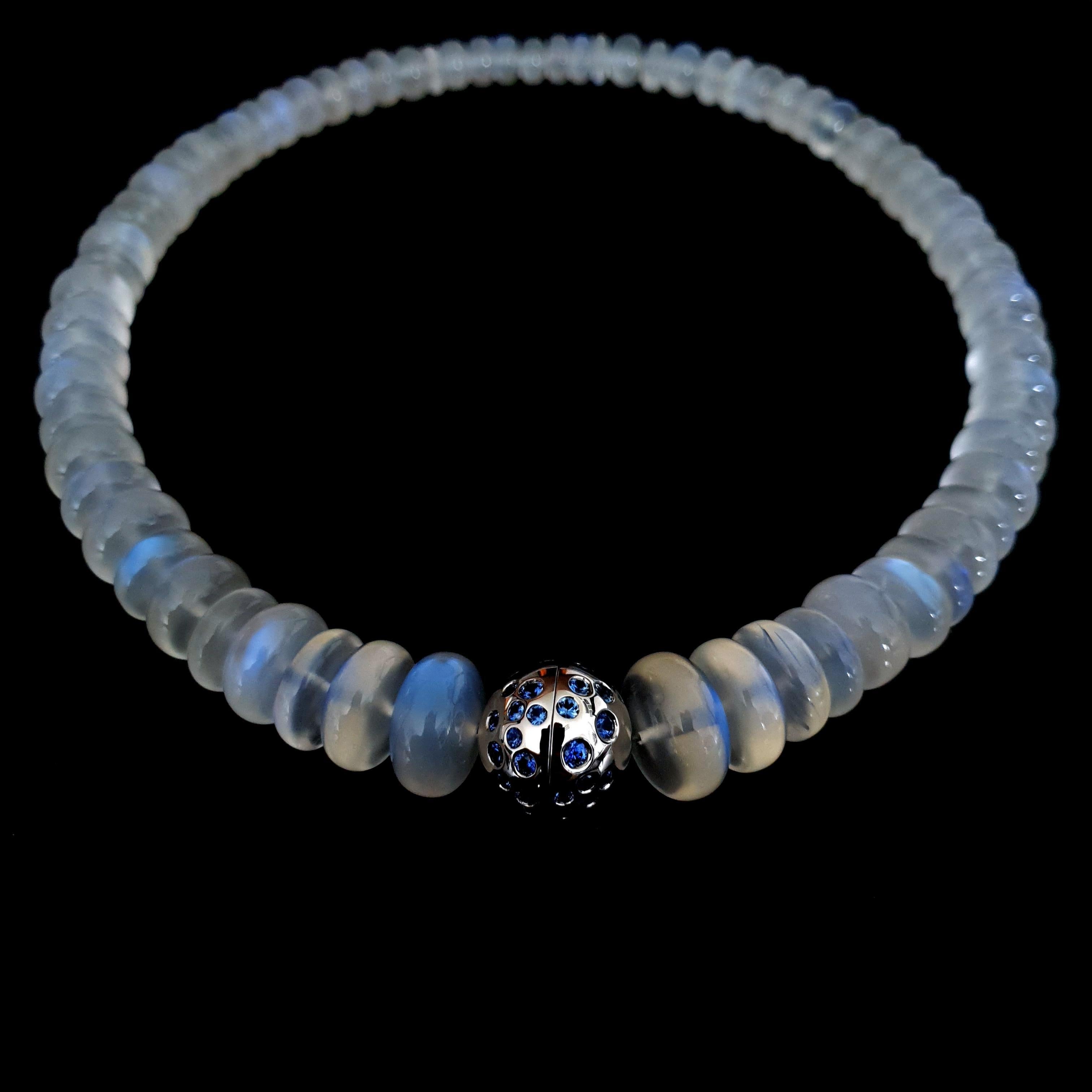 Blue Moonstone Rondel Beaded Necklace with 18 Carat White Gold Sapphire Clasp For Sale 2