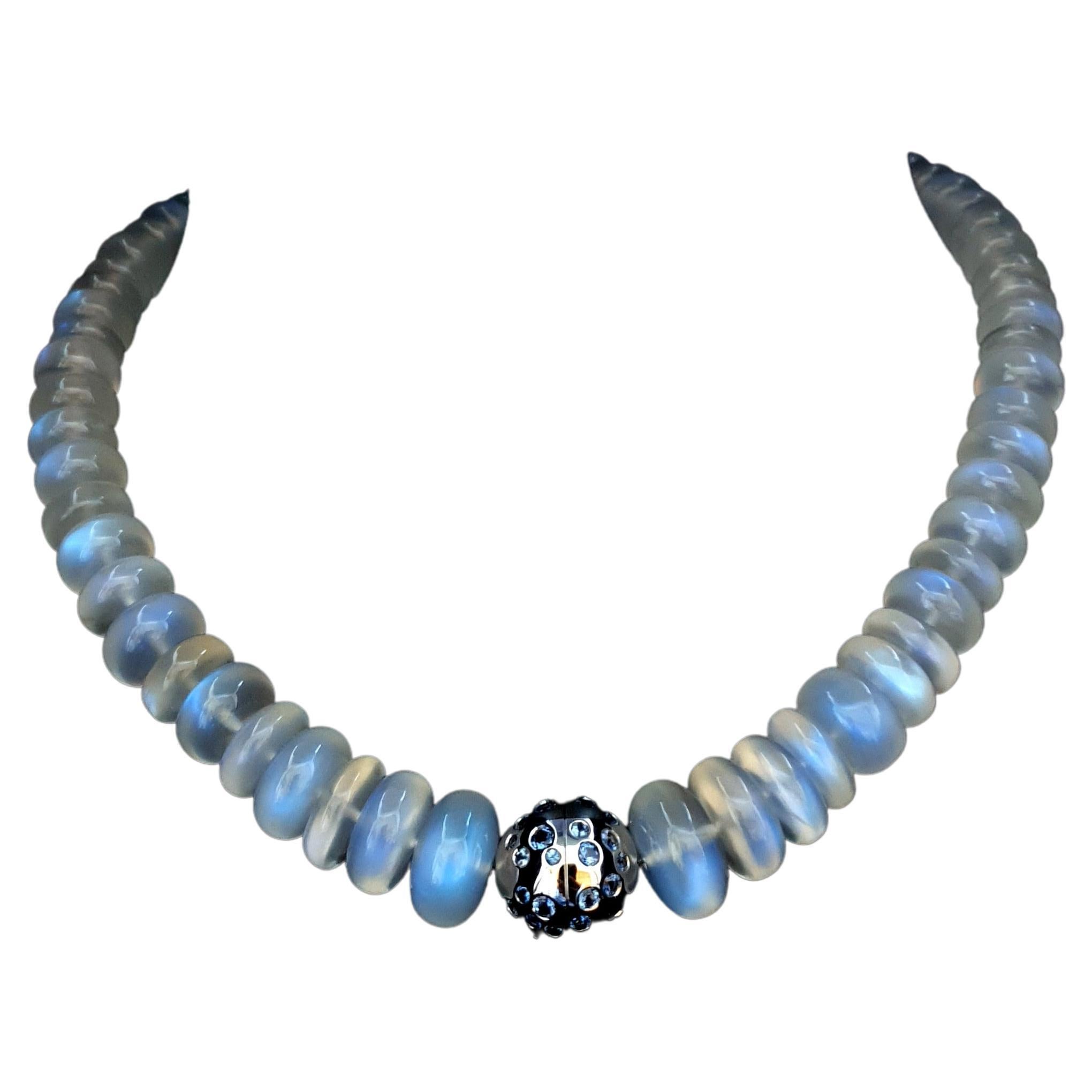 Blue Moonstone Rondel Beaded Necklace with 18 Carat White Gold Sapphire Clasp For Sale