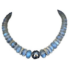Blue Moonstone Rondel Beaded Necklace with 18 Carat White Gold Sapphire Clasp