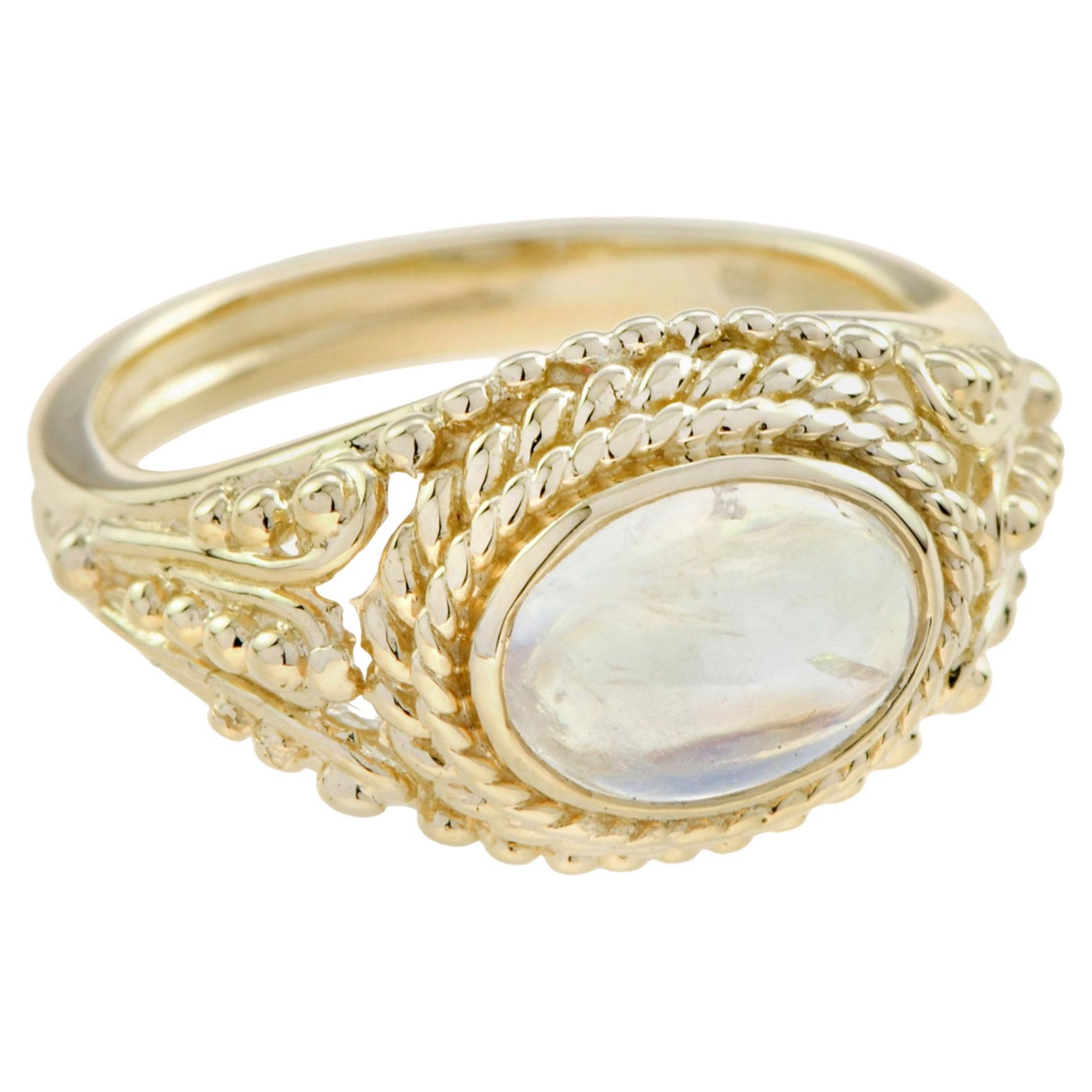 Blue Moonstone Vintage Style Rope Motif Ring in 9k Yellow Gold For Sale
