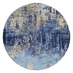 Blue Mosaic Design Wool and Silk Hand Knotted Oriental Round Rug