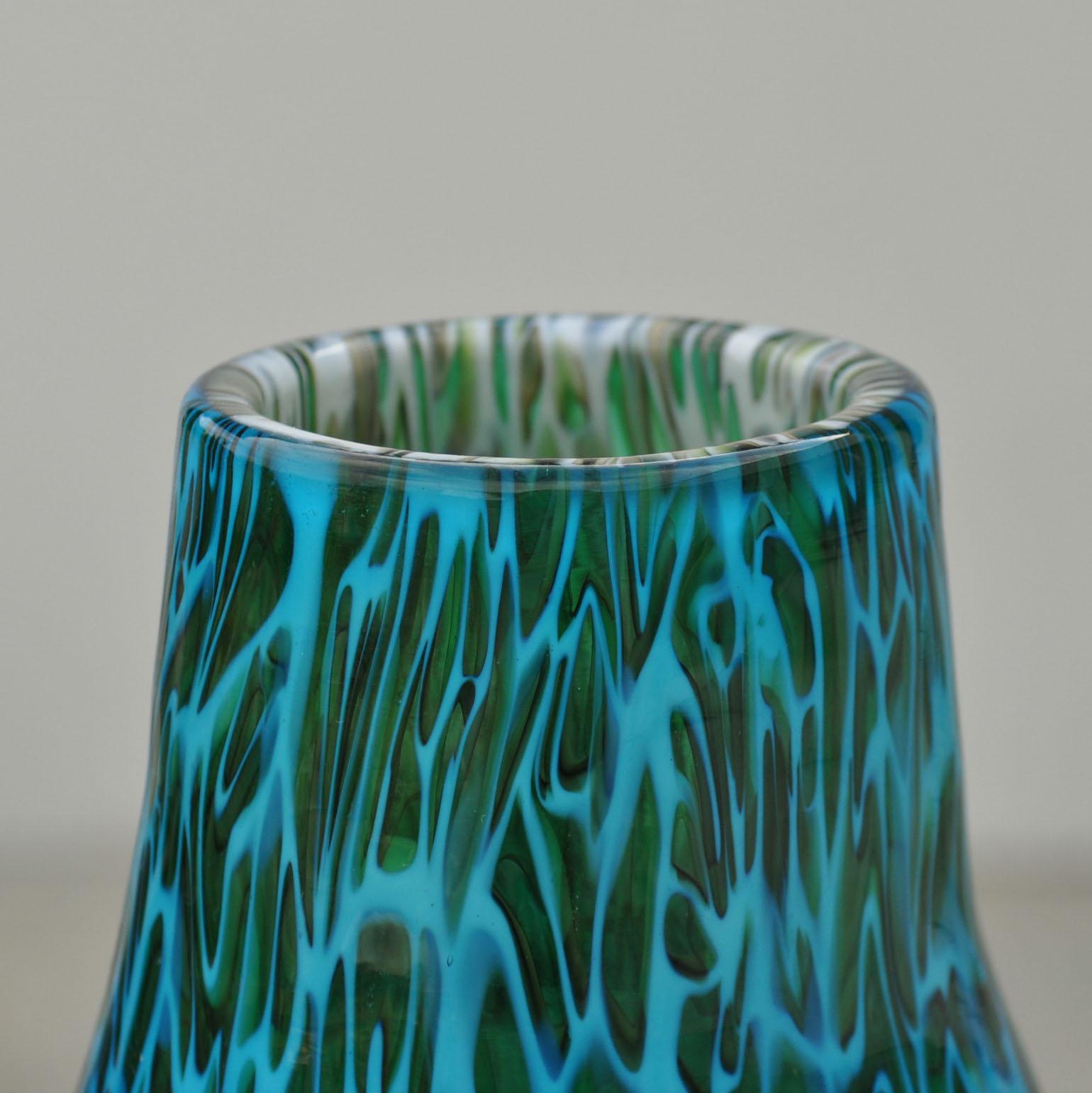 Aqua blue and jade green cased murine 'mosaico' glass vase attributed to Fratelli Toso, 1950s, Italy, unmarked.


             