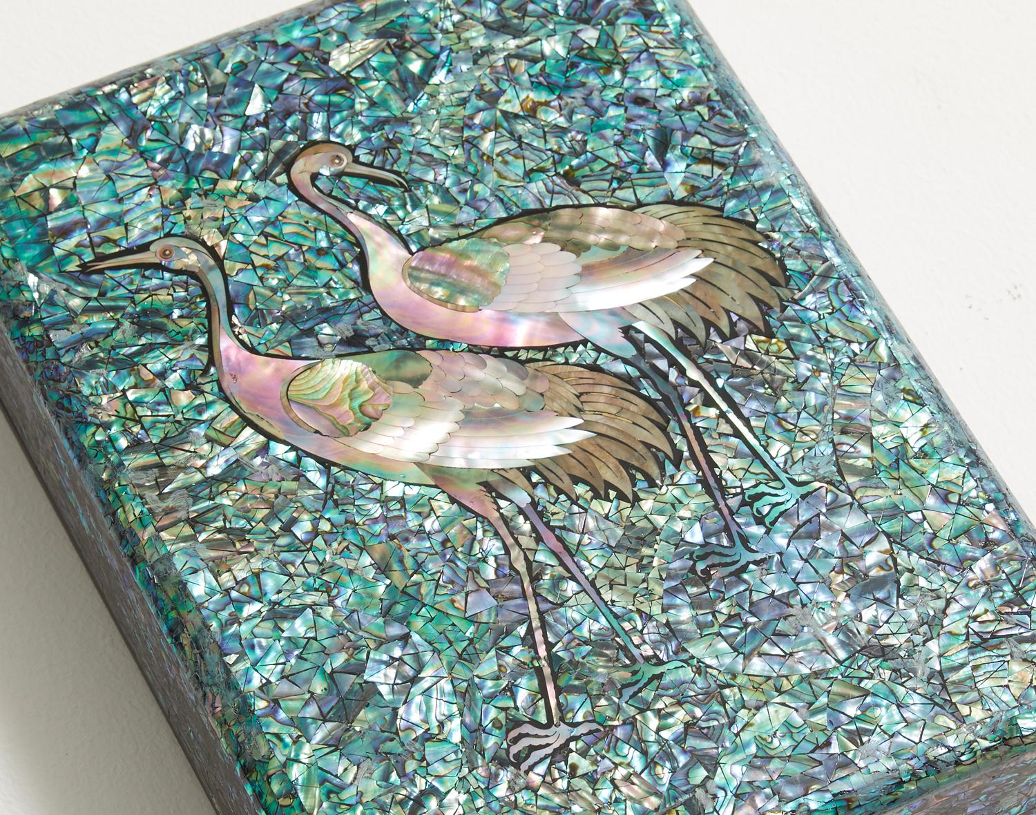 Lacquered Blue Mother of Pearl Decorative Wooden Box with Crane Design by Arijian