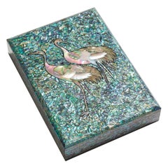 Blue Mother of Pearl Decorative Wooden Box with Crane Design by Arijian