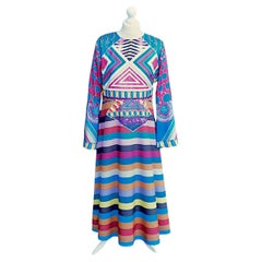 Blue Multi Coloured Patterned Dress with Bell Sleeves circa 1970s
