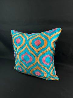 Blue Multicolor Design Velvet Silk Ikat Pillow Cover