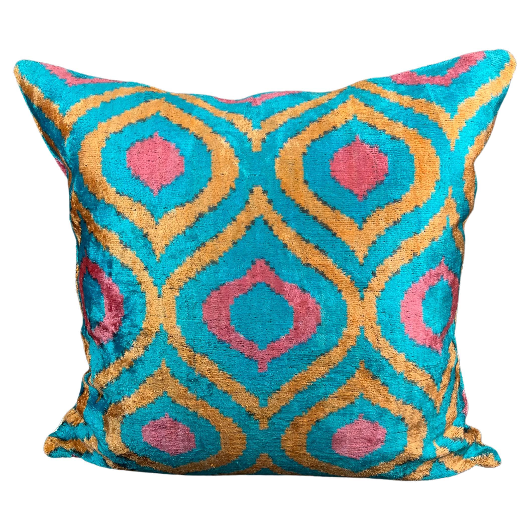 Blue Multicolor Design Velvet Silk Ikat Pillow Cover