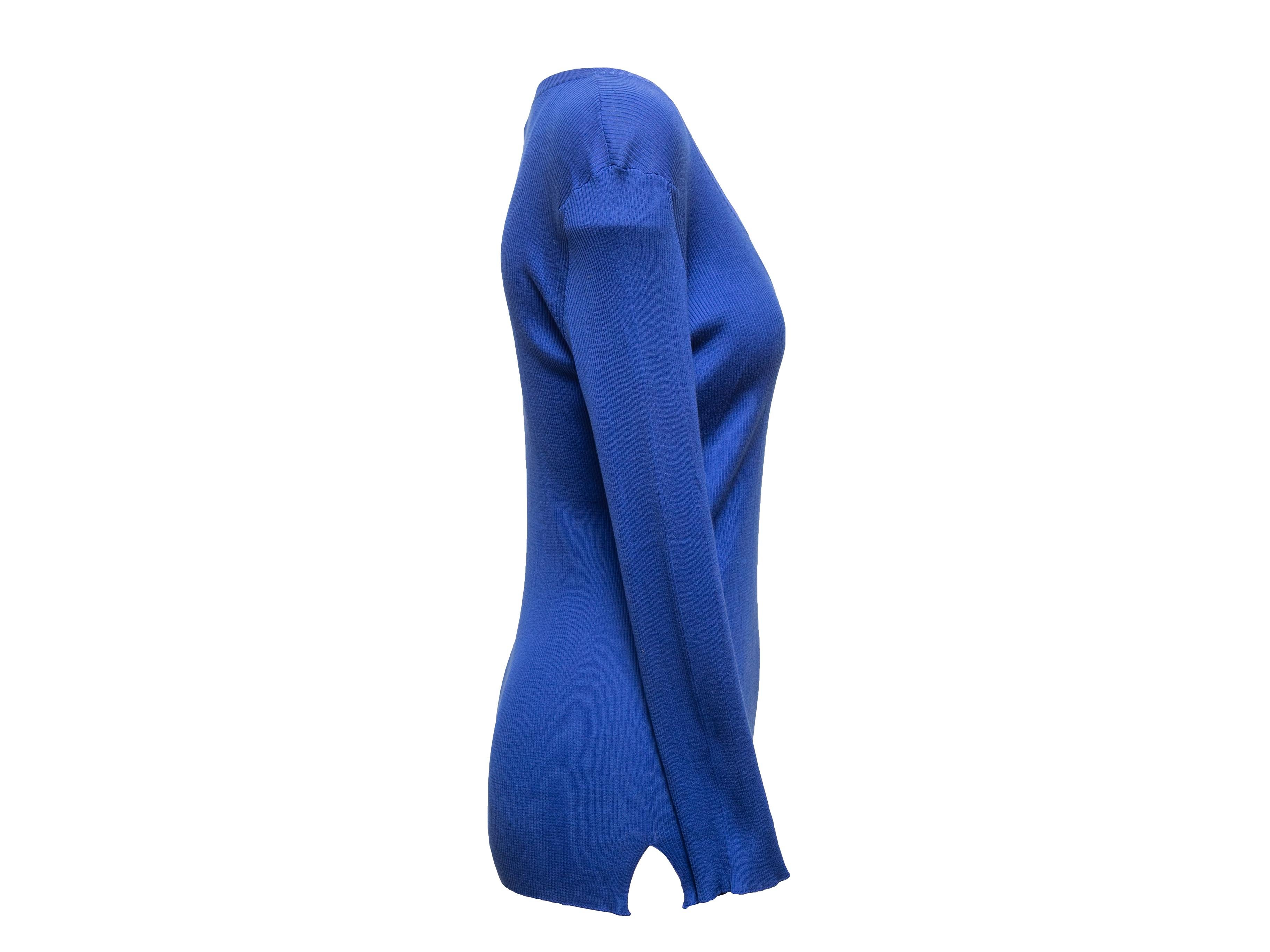 Blue and multicolor floral-accented rib knit sweater by Fendi. Scoop neckline. 32
