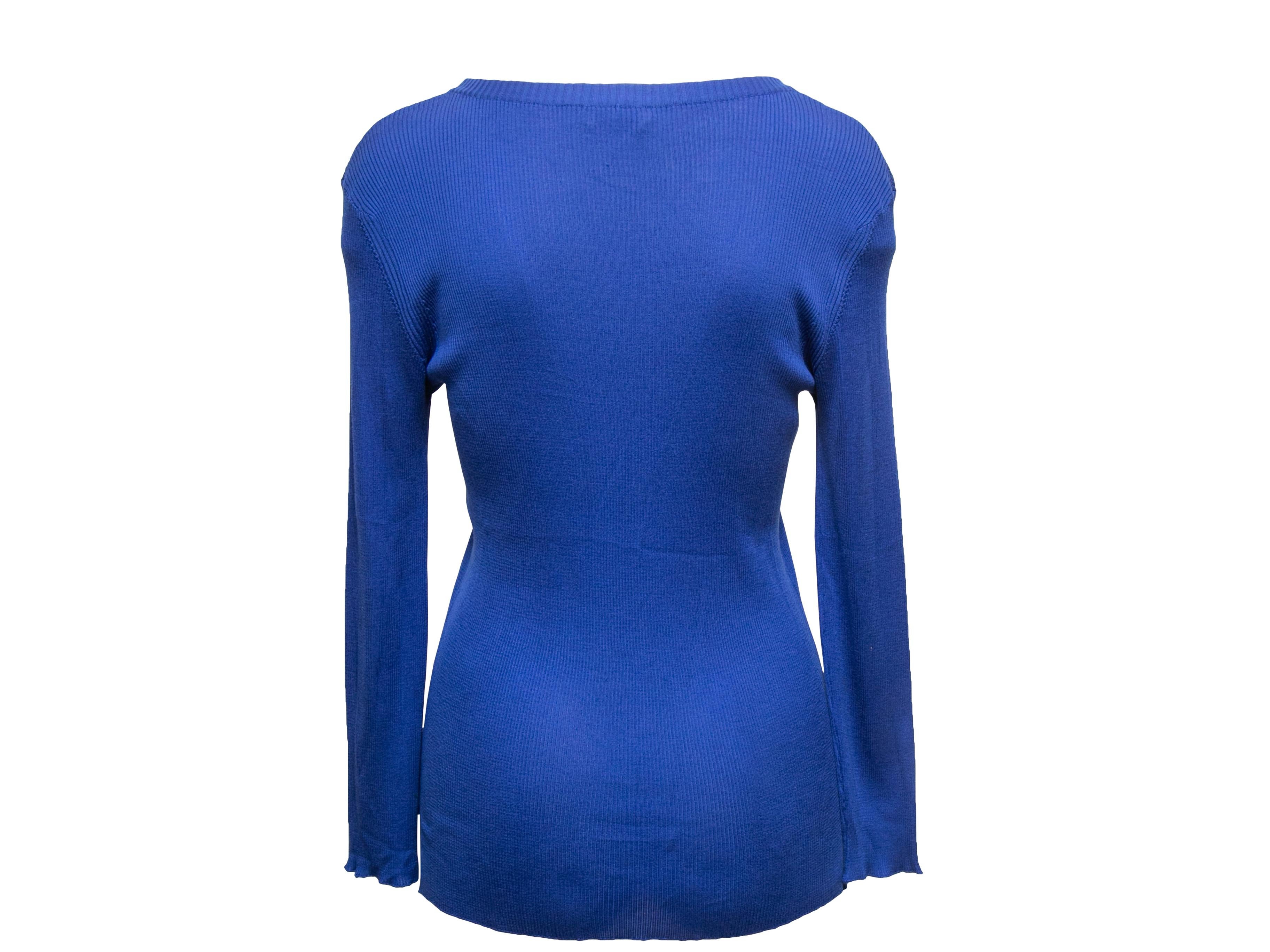 Blue & Multicolor Fendi Rib Knit Floral-Accented Sweater Size US M In Good Condition For Sale In New York, NY