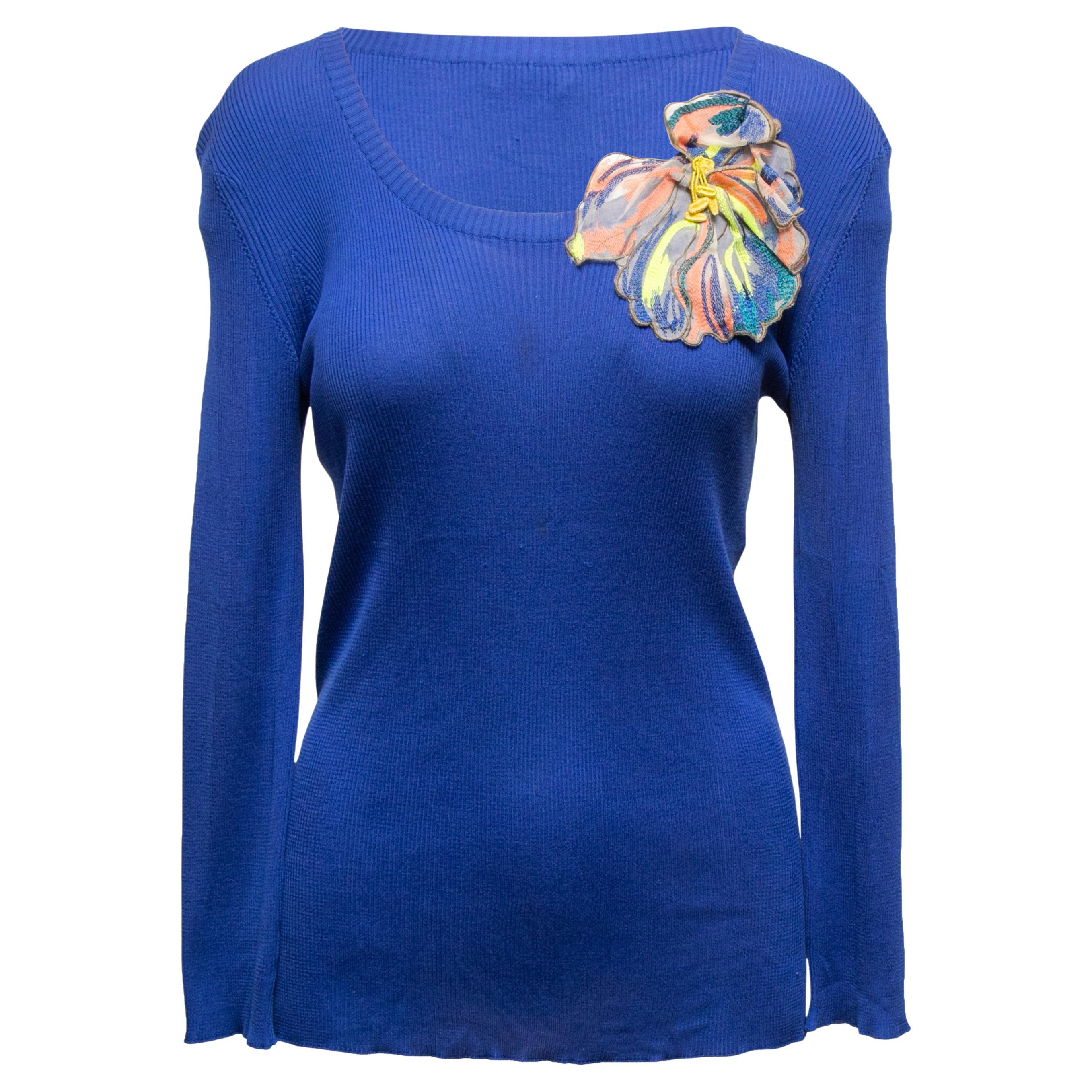 Blue & Multicolor Fendi Rib Knit Floral-Accented Sweater Size US M For Sale