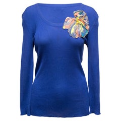 Maglione blu e multicolore di Fendi a maglia a costine con inserti floreali, taglia M. I.