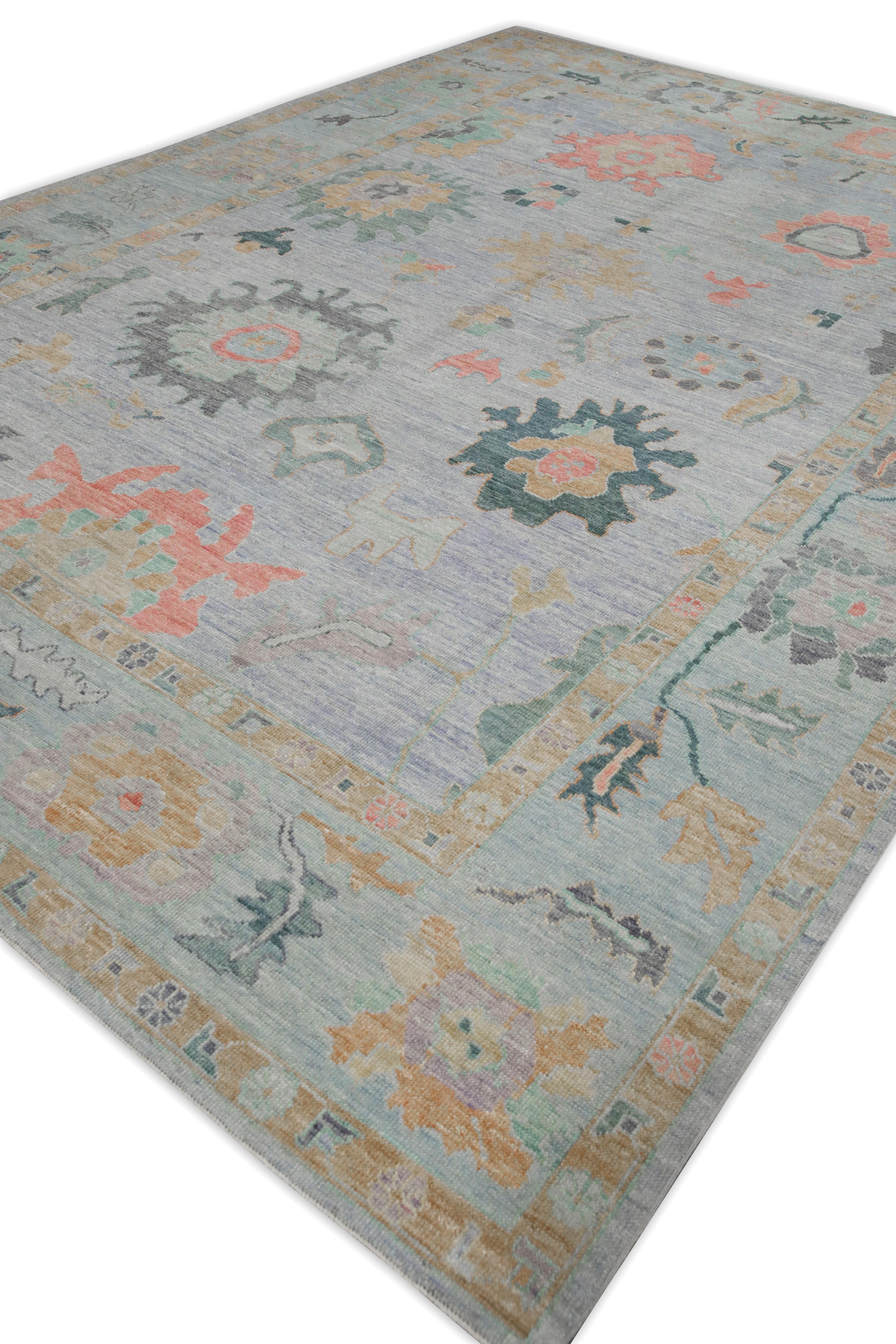 Contemporary Blue Multicolor Floral Design Handwoven Wool Turkish Oushak Rug 10'4