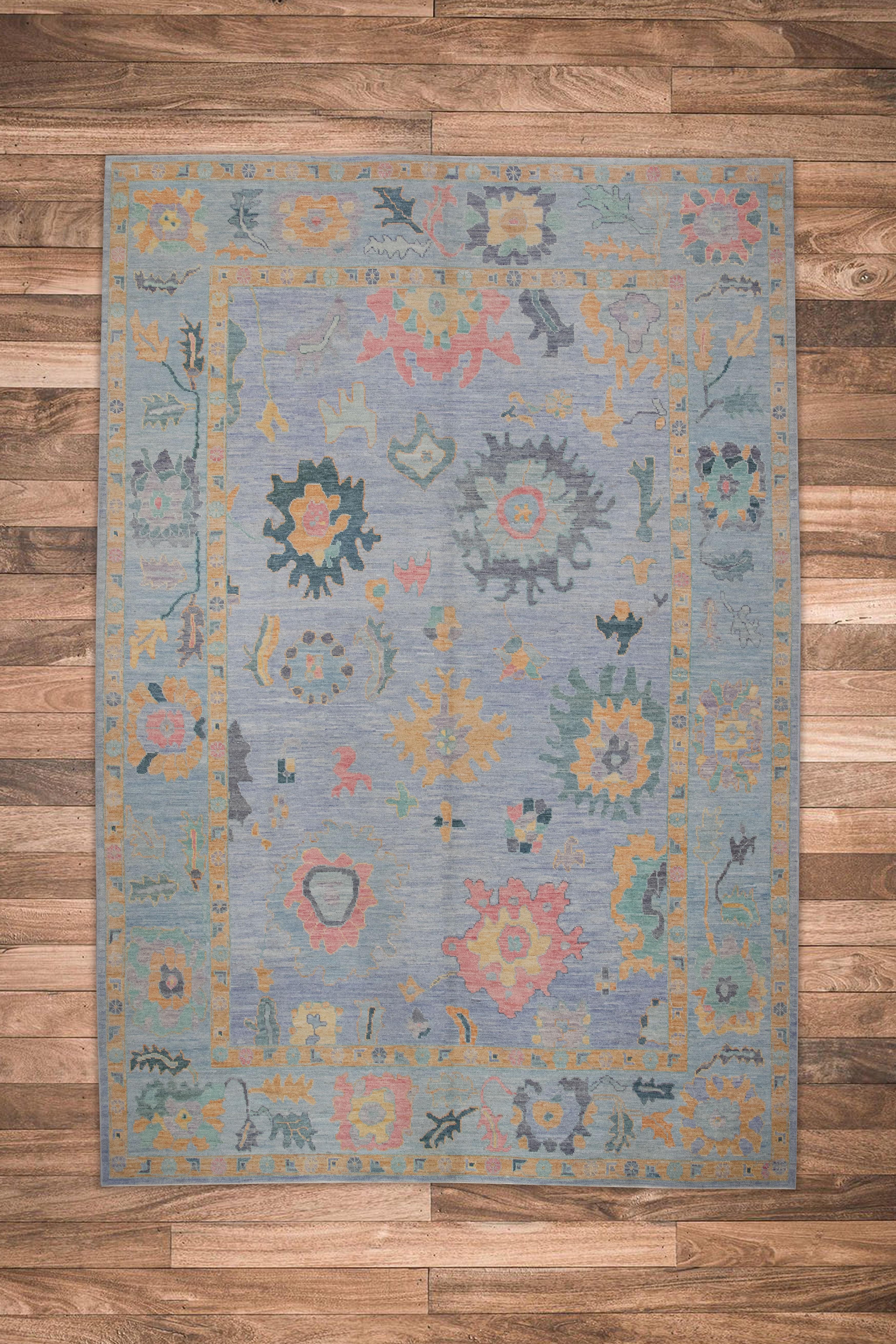 Blue Multicolor Floral Design Handwoven Wool Turkish Oushak Rug 10'4