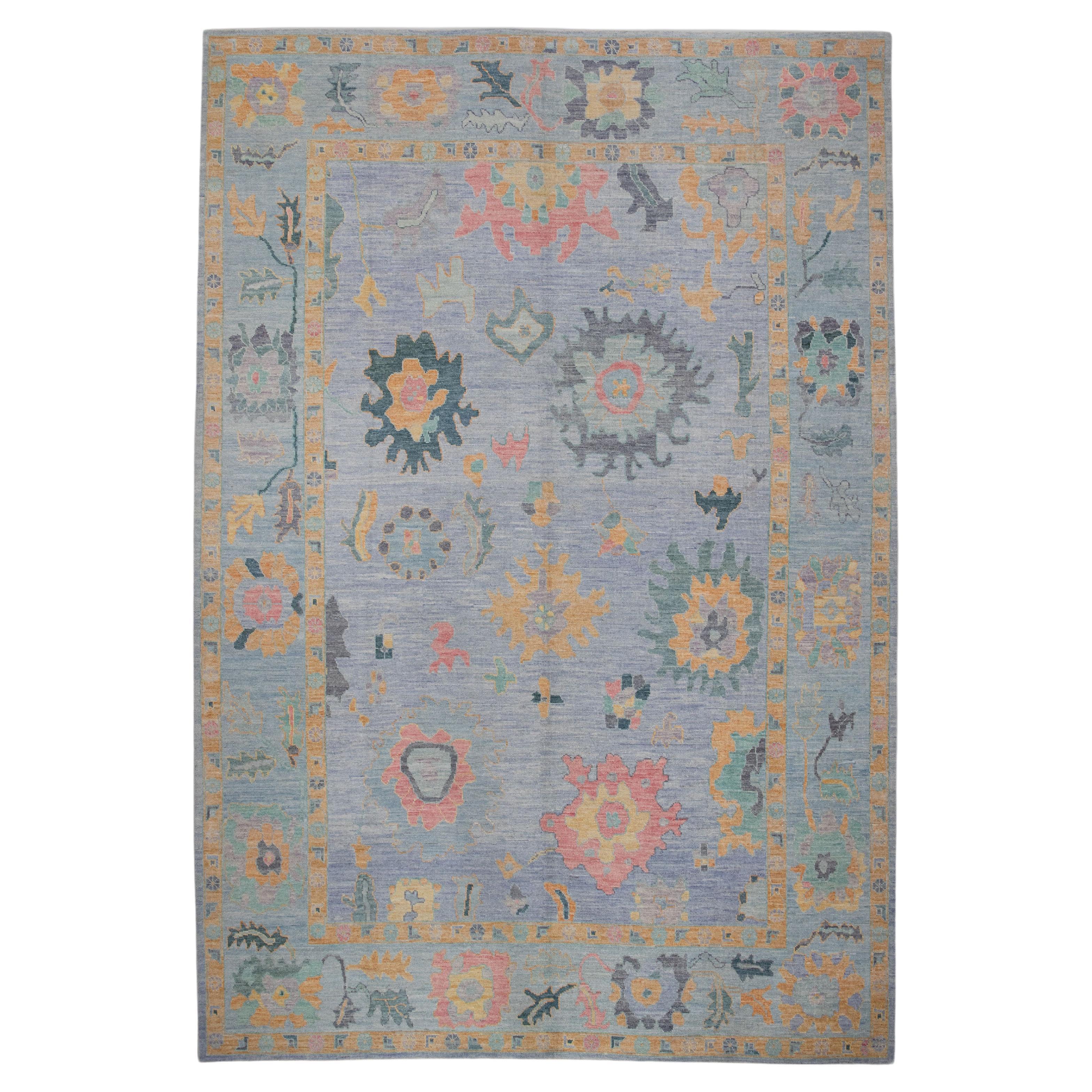 Tapis turc Oushak en laine tissé à la main à motifs floraux multicolores bleu 10'4" X 14'2". en vente