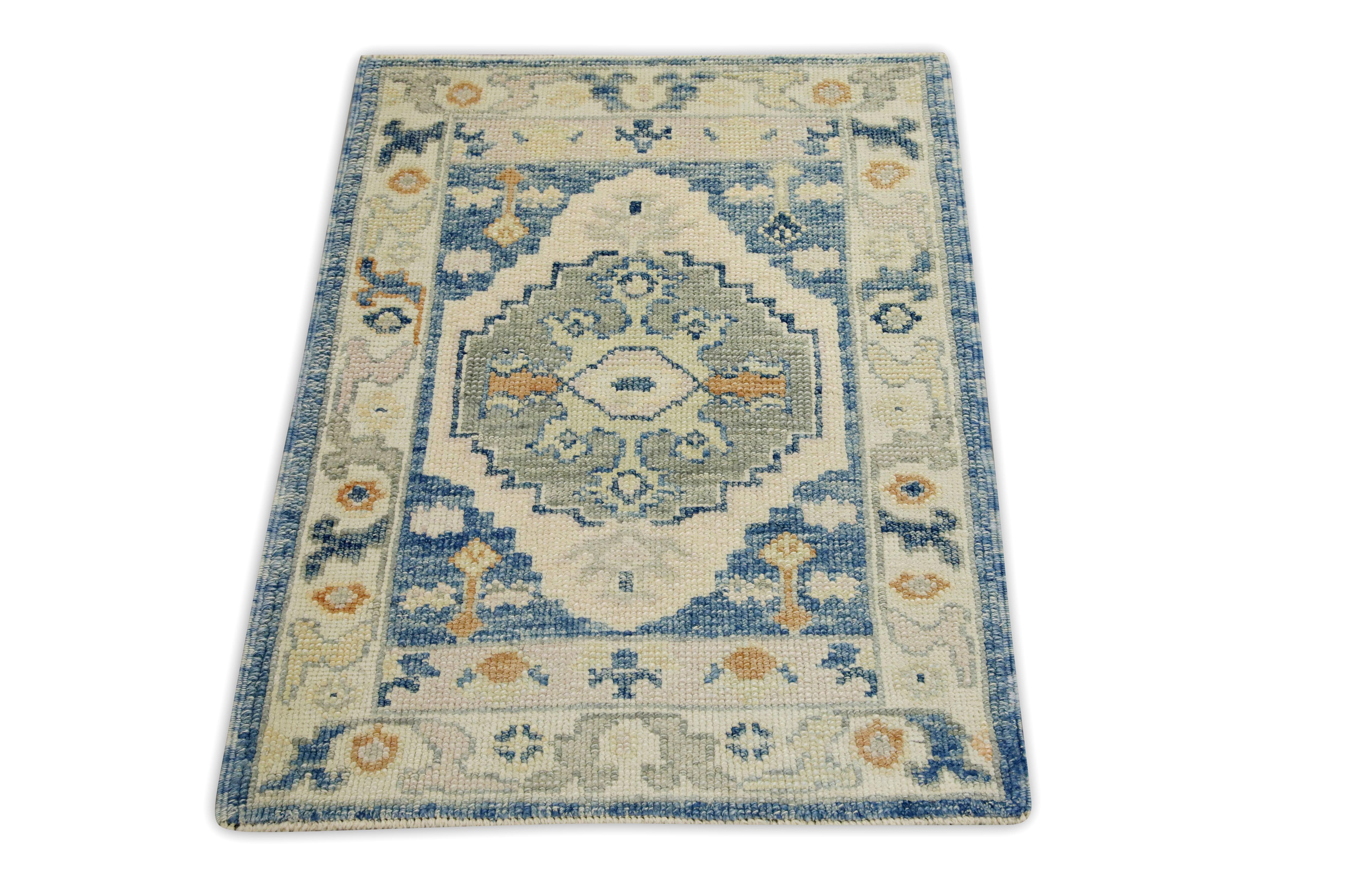 Blue Multicolor Floral Design Handwoven Wool Turkish Oushak Rug In New Condition For Sale In Houston, TX