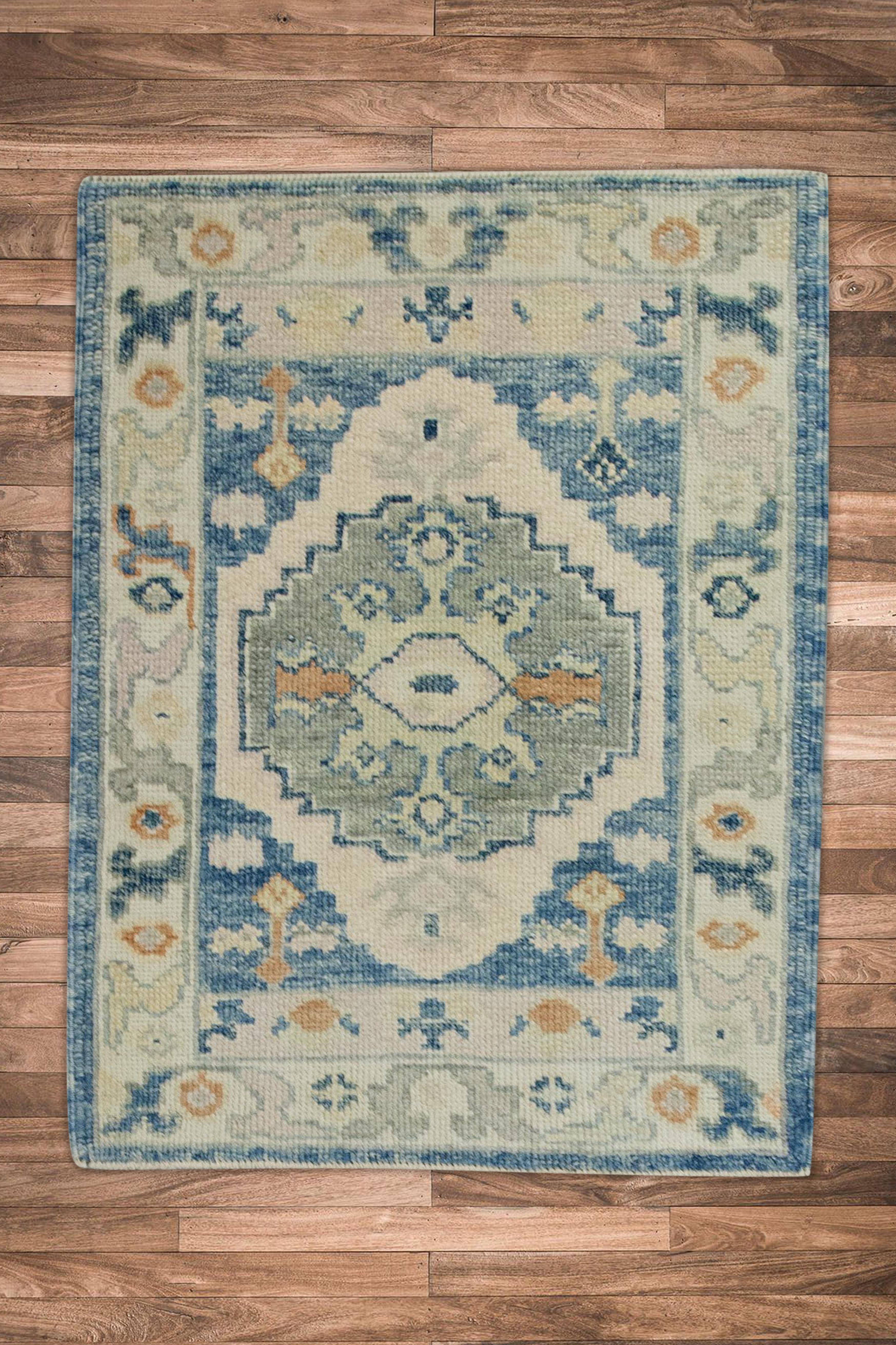Contemporary Blue Multicolor Floral Design Handwoven Wool Turkish Oushak Rug For Sale
