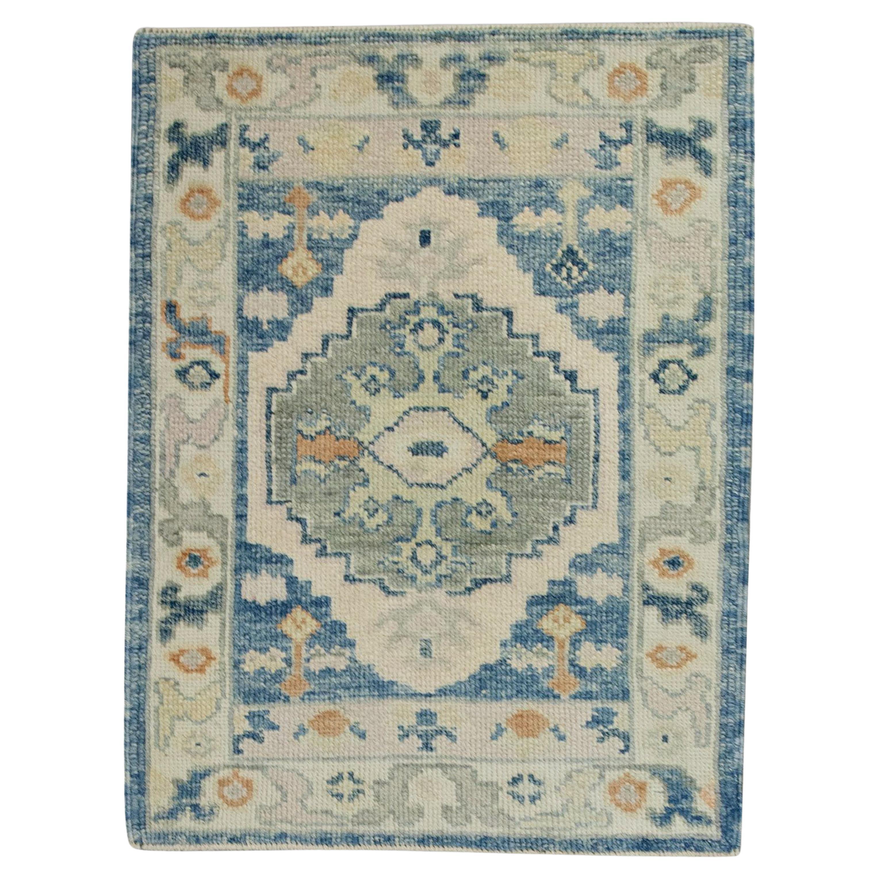 Blue Multicolor Floral Design Handwoven Wool Turkish Oushak Rug For Sale
