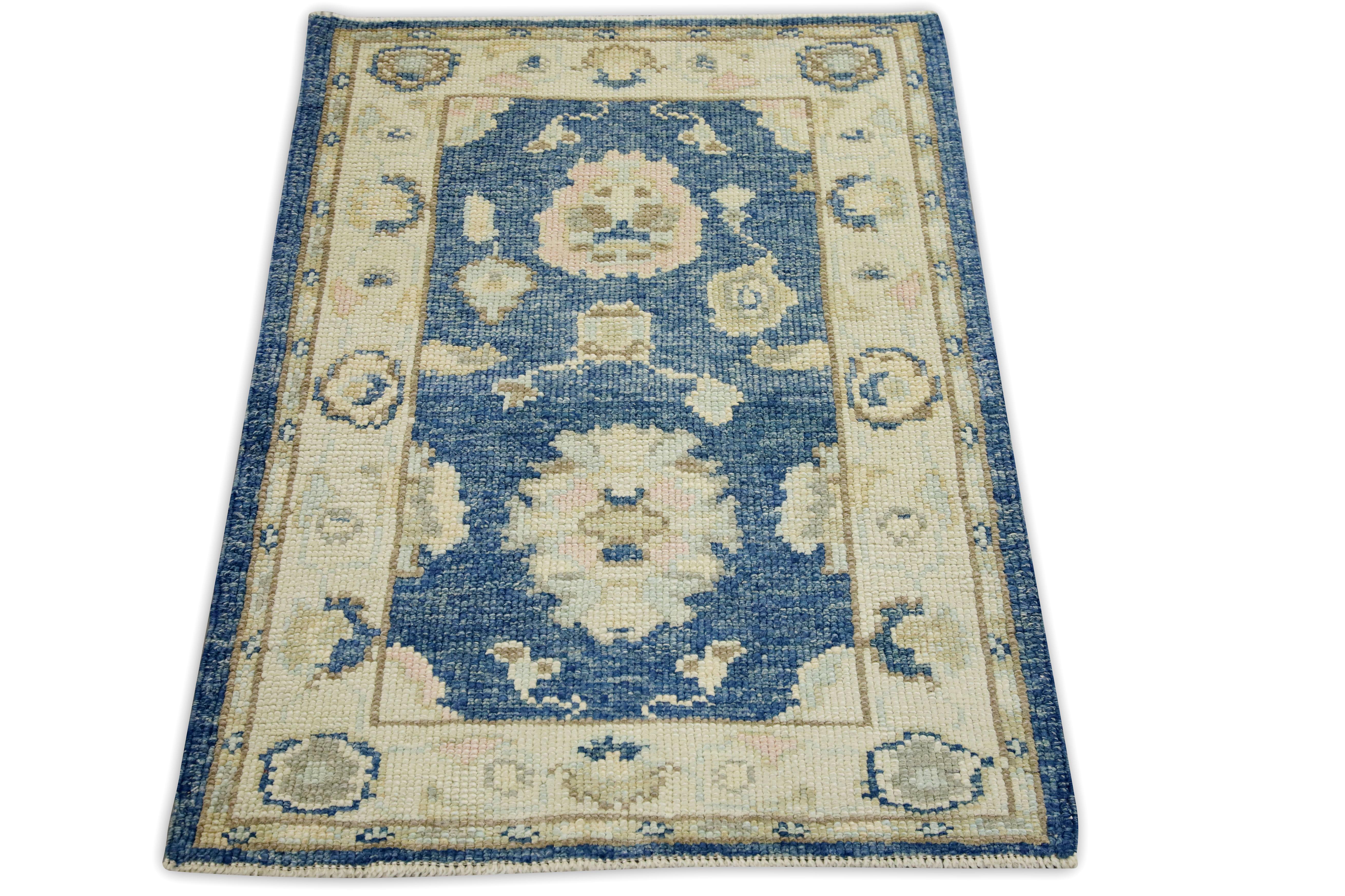 Blue Multicolor Floral Design Handwoven Wool Turkish Oushak Rug In New Condition For Sale In Houston, TX
