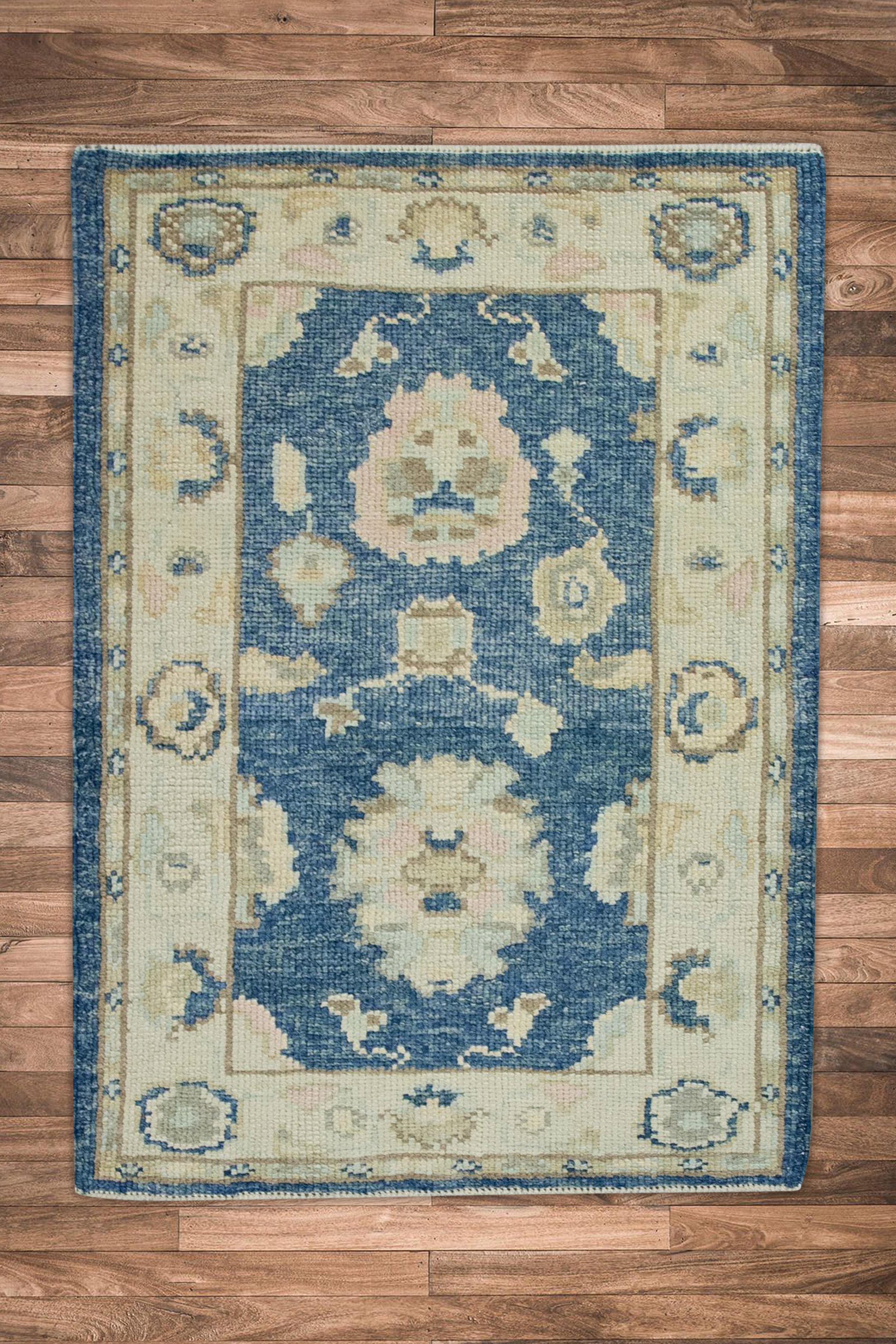 Contemporary Blue Multicolor Floral Design Handwoven Wool Turkish Oushak Rug For Sale