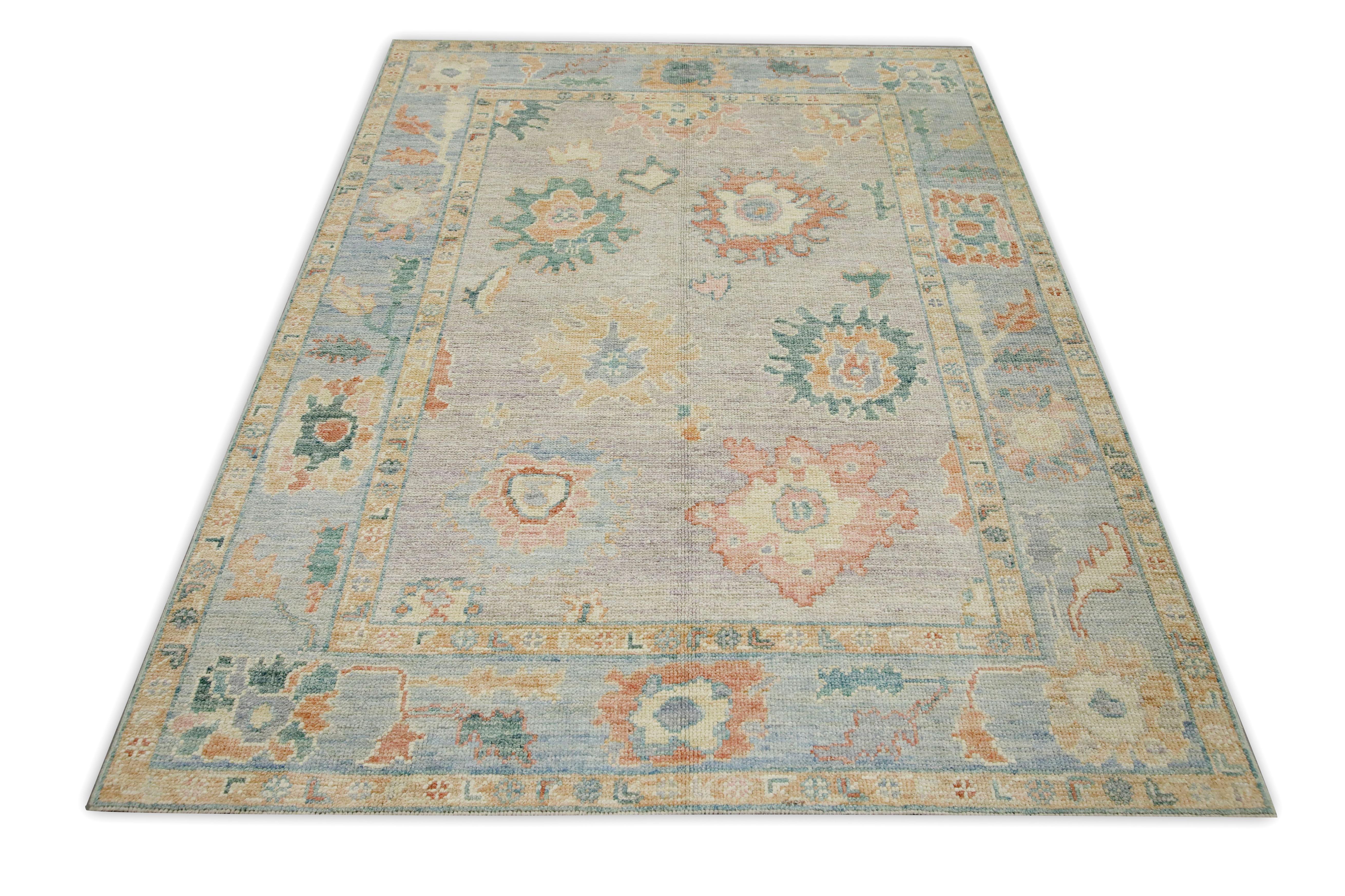 Contemporary Blue Multicolor Floral Design Handwoven Wool Turkish Oushak Rug 4'10