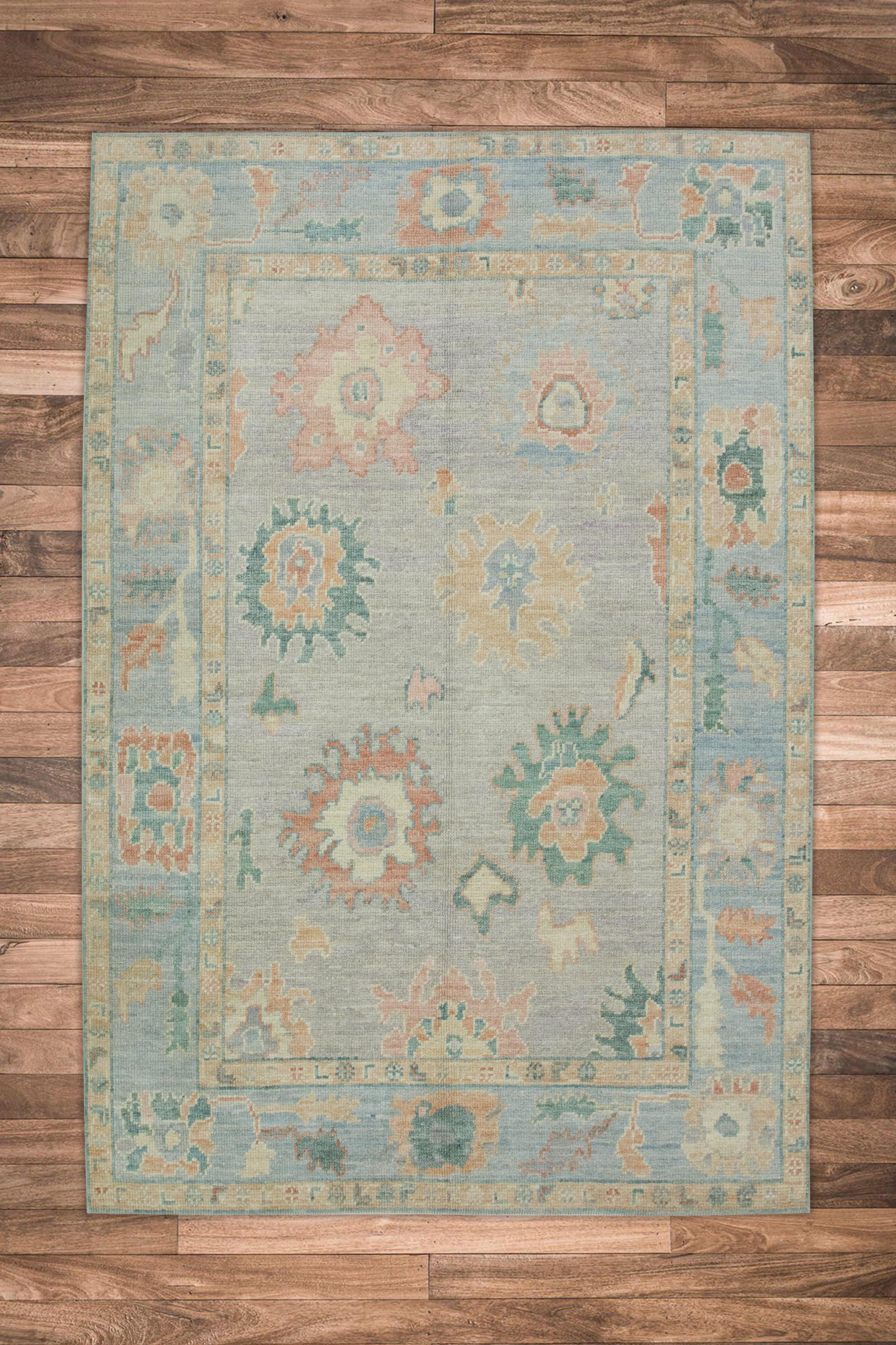 Blue Multicolor Floral Design Handwoven Wool Turkish Oushak Rug 4'10