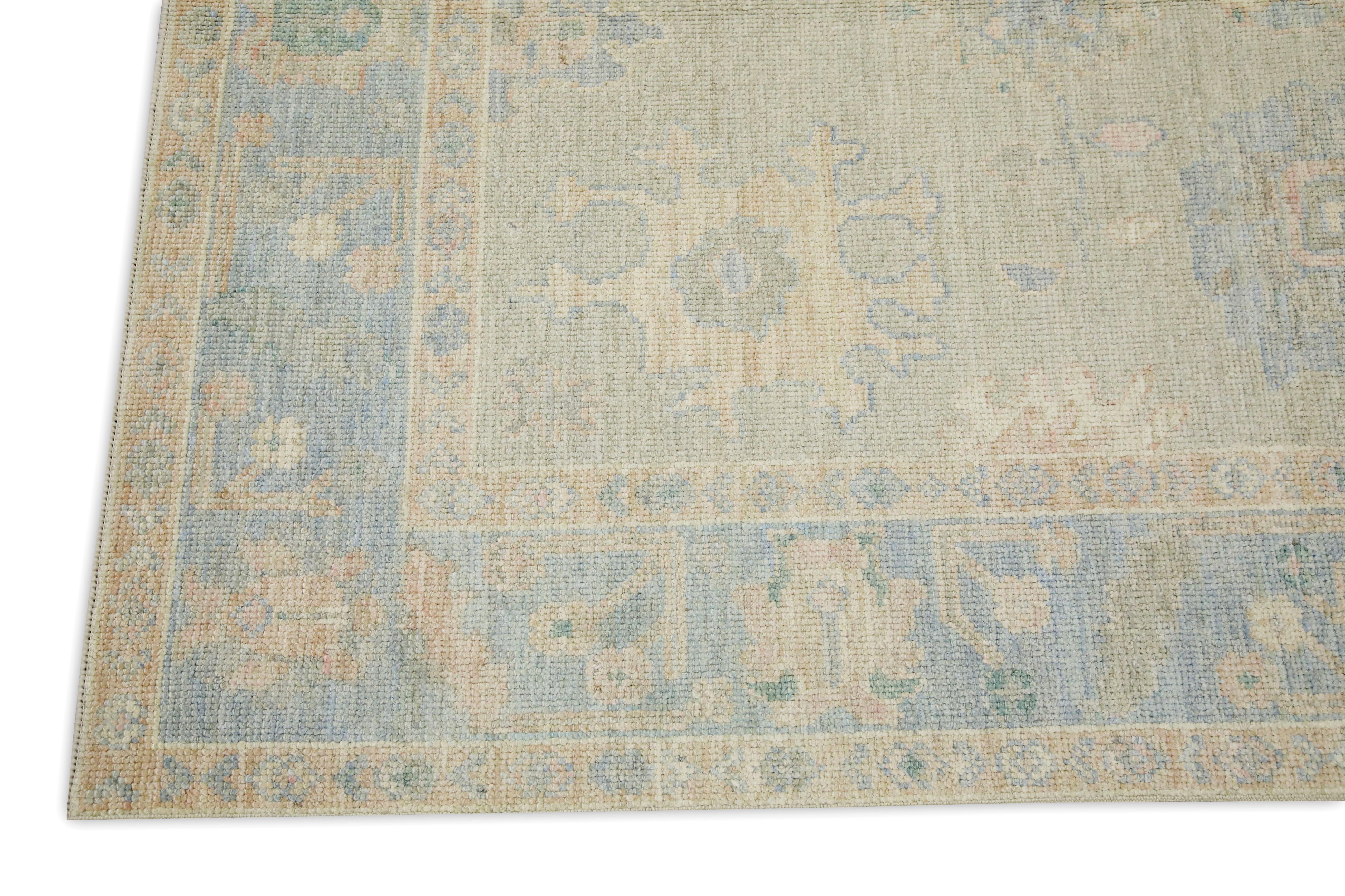 Vegetable Dyed Blue Multicolor Floral Design Handwoven Wool Turkish Oushak Rug 4'11