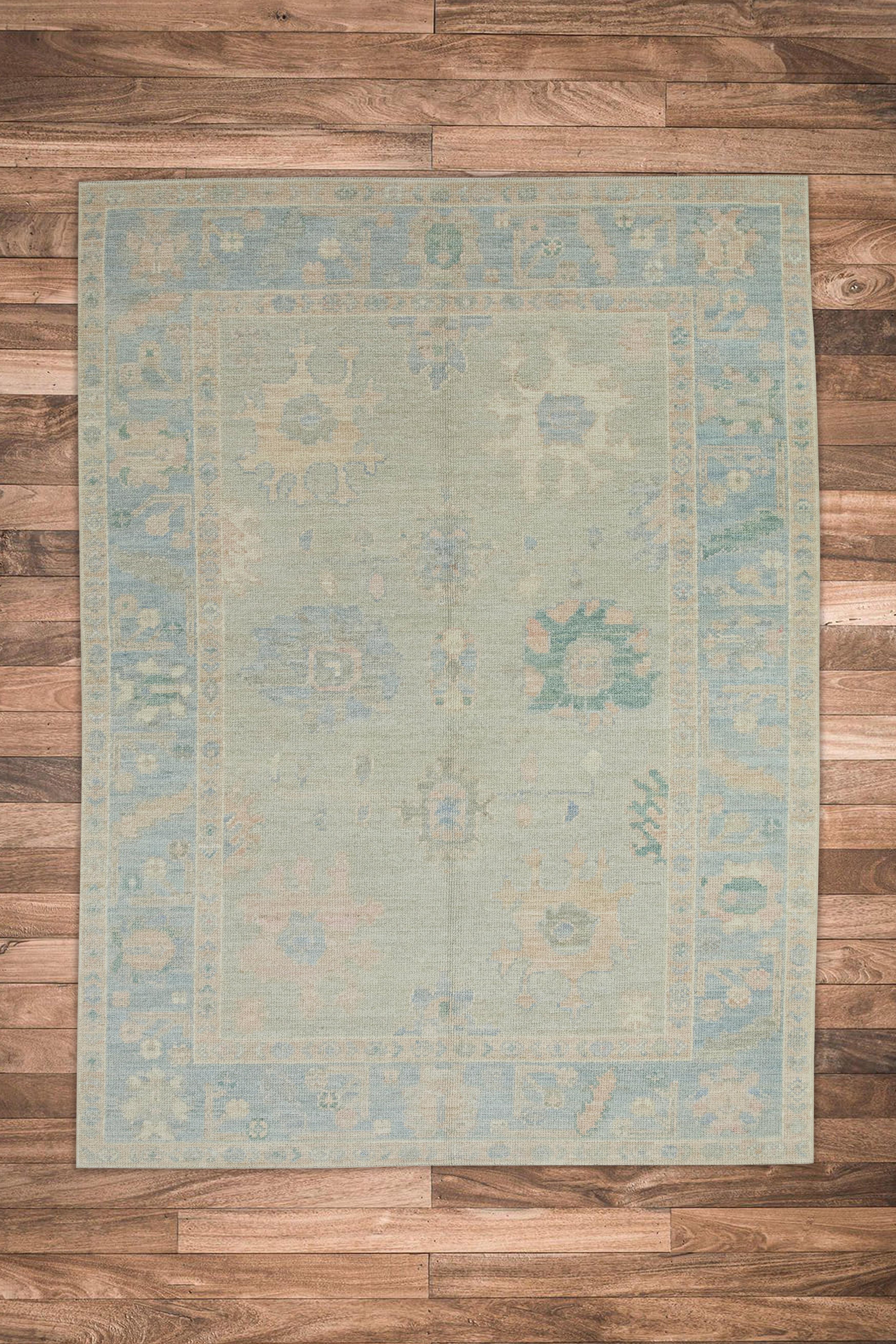 Contemporary Blue Multicolor Floral Design Handwoven Wool Turkish Oushak Rug 4'11