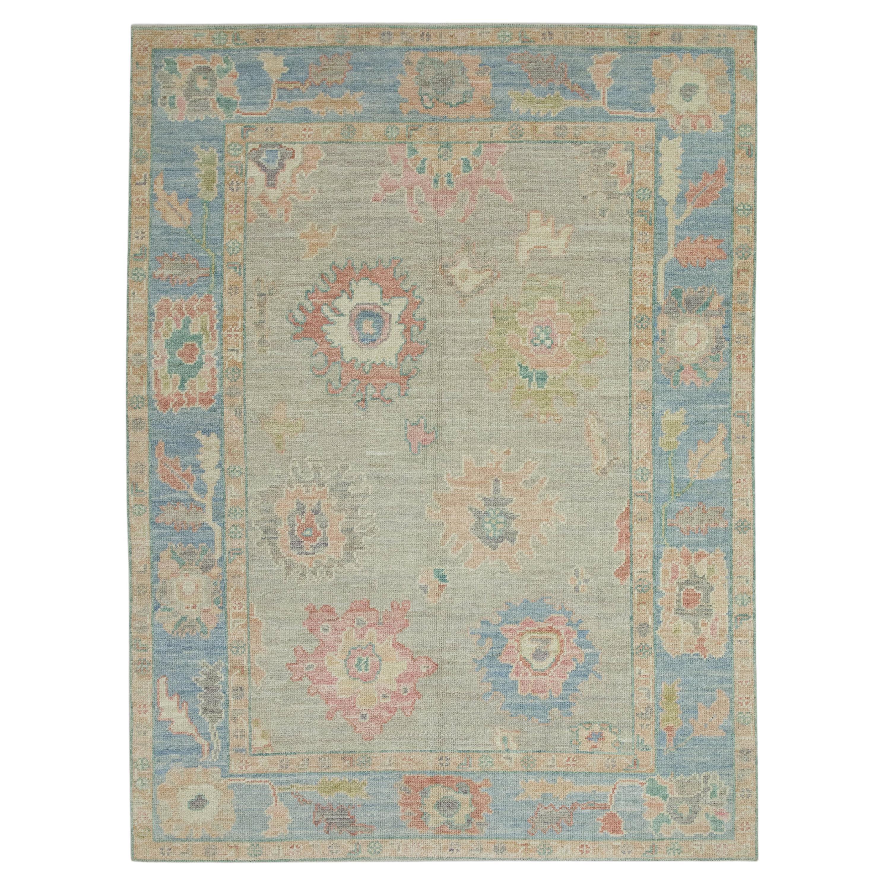 Blue Multicolor Floral Design Handwoven Wool Turkish Oushak Rug 5'1" x 6'11"