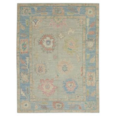 Blue Multicolor Floral Design Handwoven Wool Turkish Oushak Rug 5'1" x 6'11"