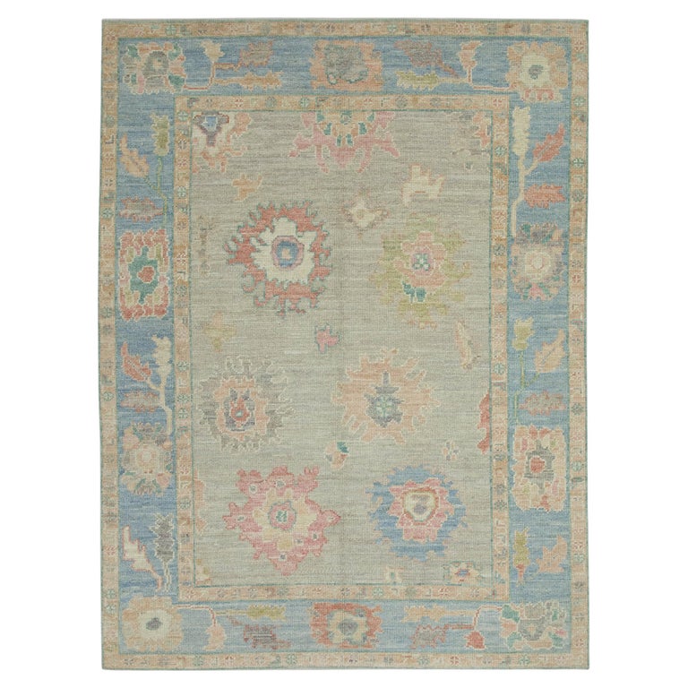 Mauve and Blue Floral Handwoven Wool Turkish Oushak Rug 6'11" x 10' For  Sale at 1stDibs