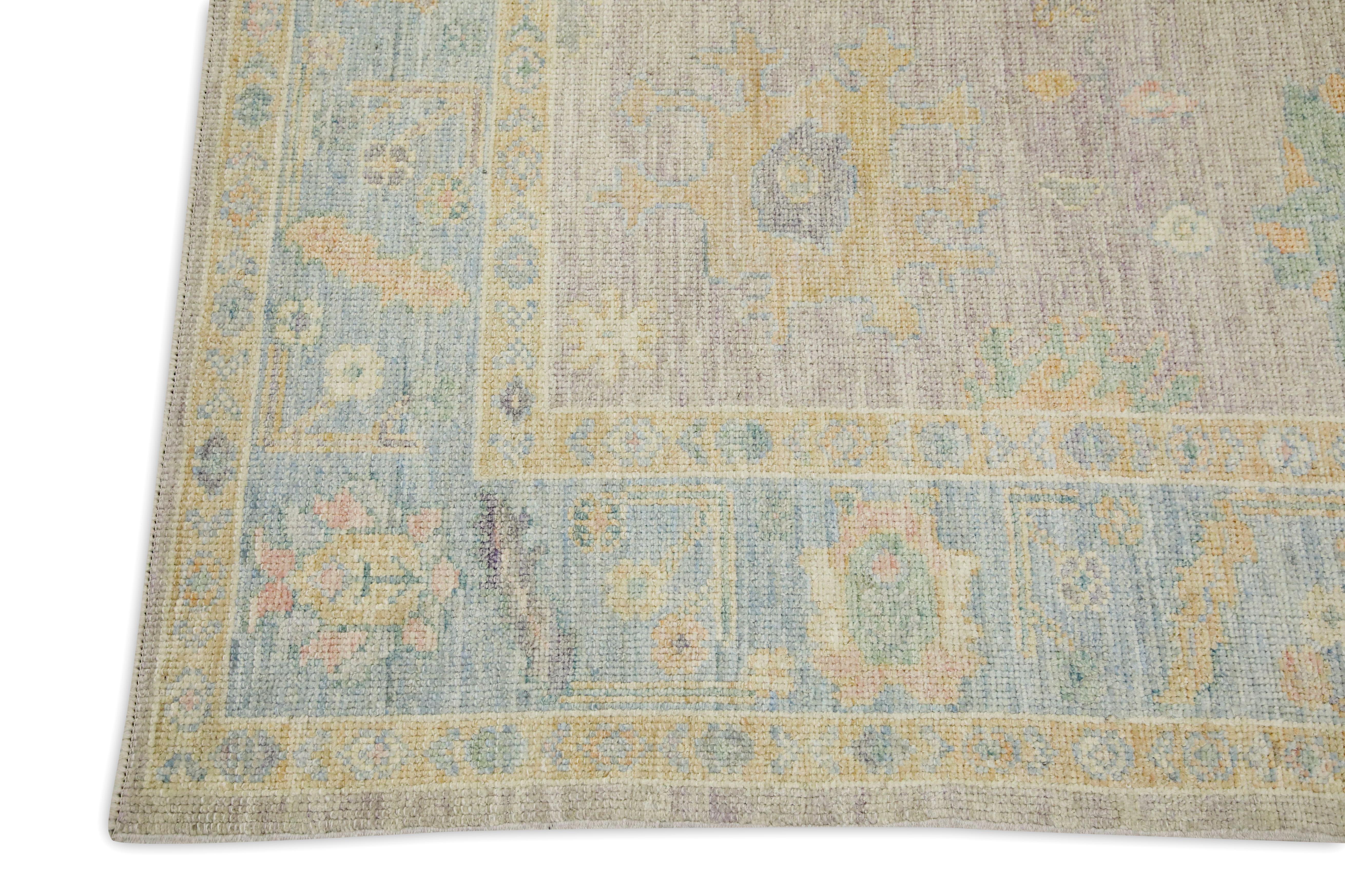 Turco Tappeto Oushak blu multicolore con design floreale tessuto a mano in lana turca 5'4