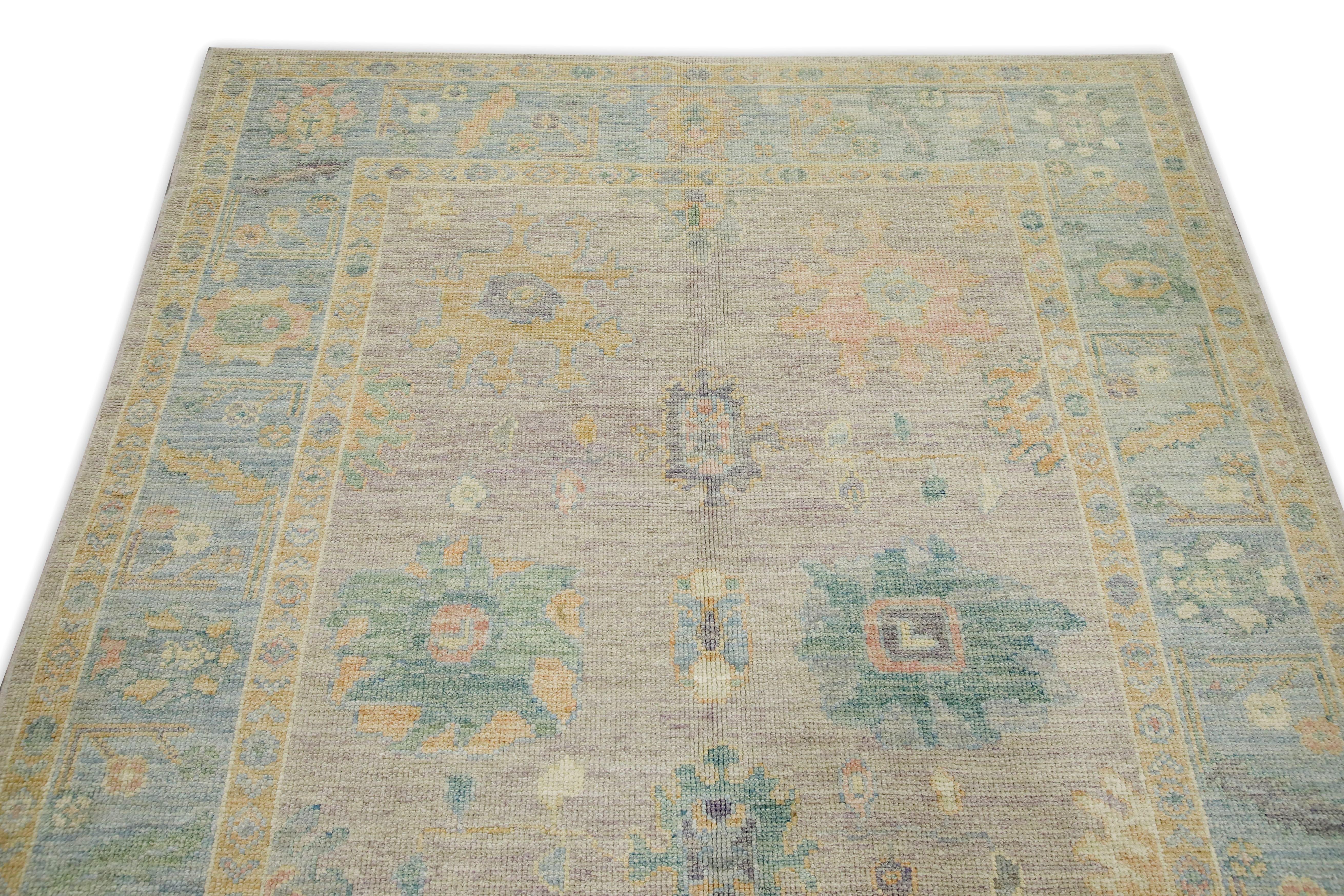 Tintura vegetale Tappeto Oushak blu multicolore con design floreale tessuto a mano in lana turca 5'4