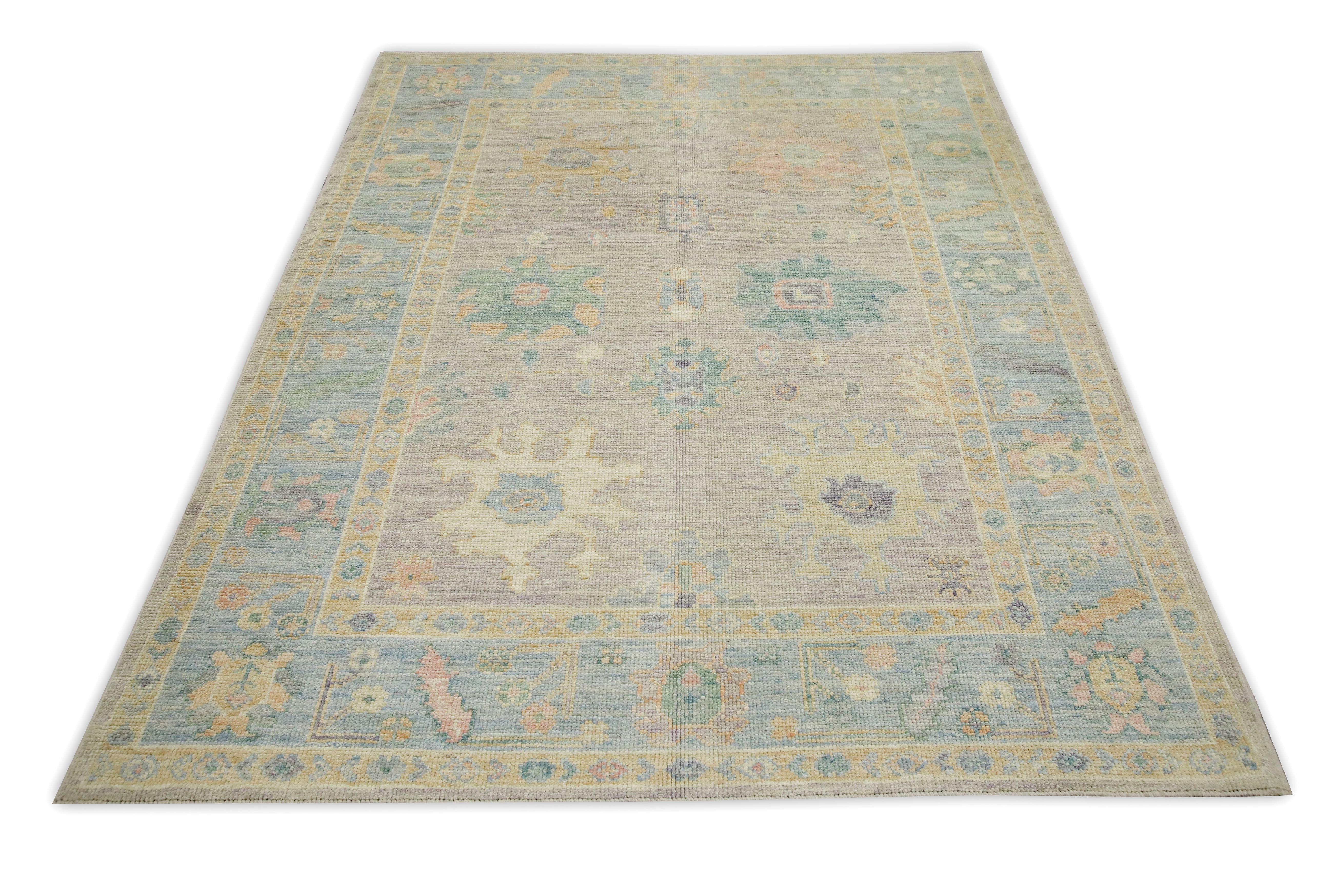 Tappeto Oushak blu multicolore con design floreale tessuto a mano in lana turca 5'4
