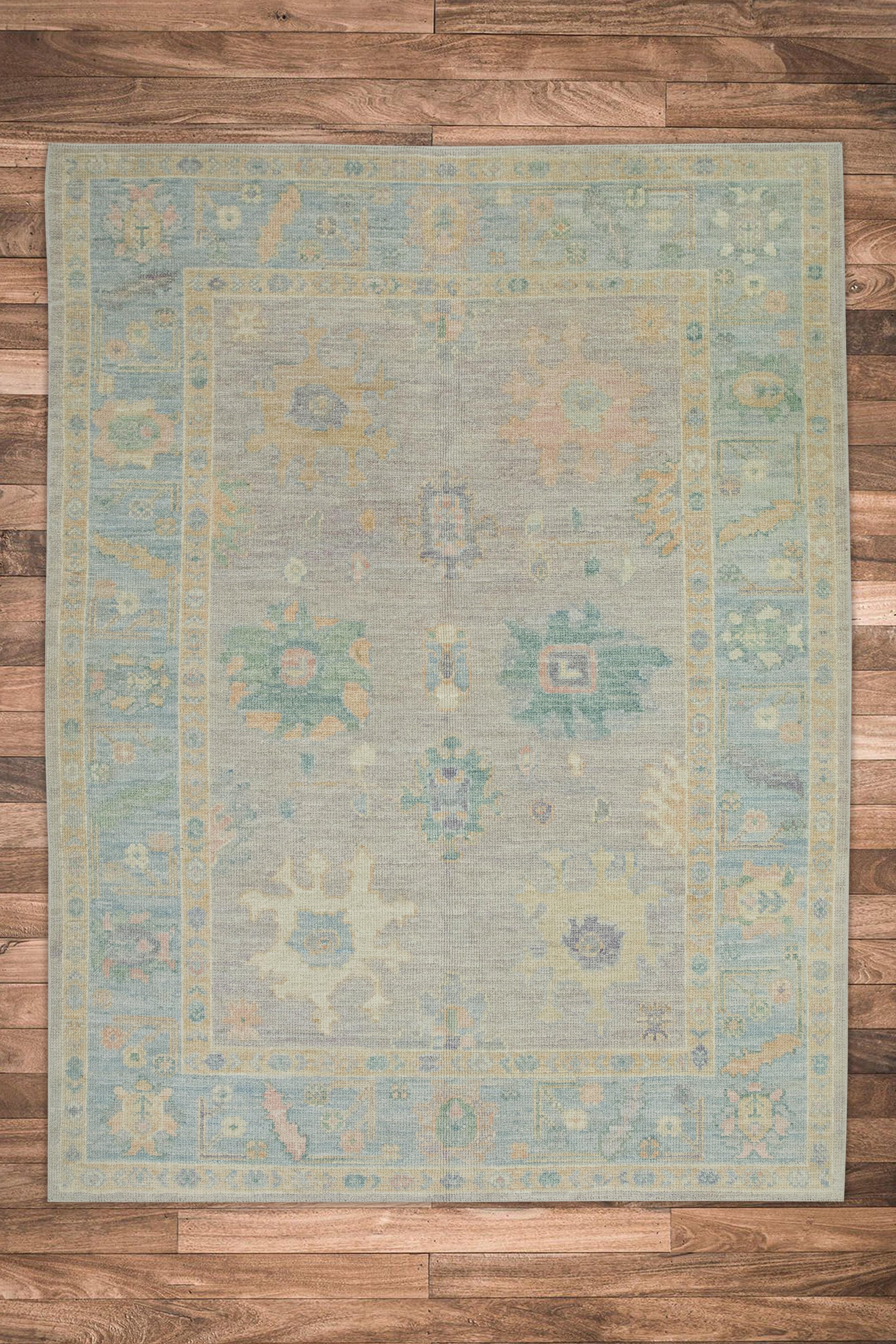 XXI secolo e contemporaneo Tappeto Oushak blu multicolore con design floreale tessuto a mano in lana turca 5'4
