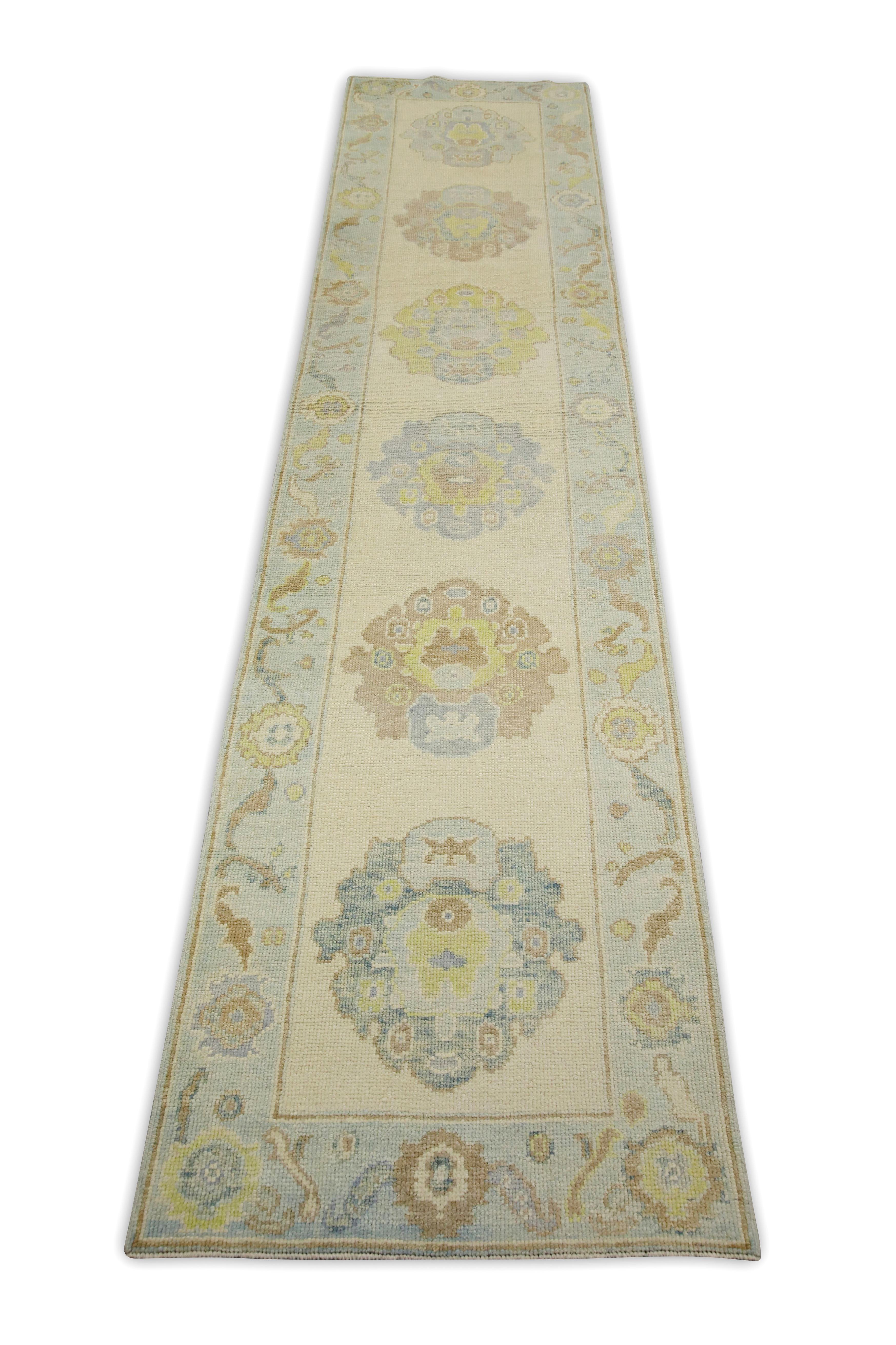 Blue Multicolor Floral Design Handwoven Wool Turkish Oushak Runner In New Condition For Sale In Houston, TX