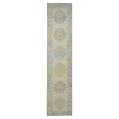 Blue Multicolor Floral Design Handwoven Wool Turkish Oushak Runner