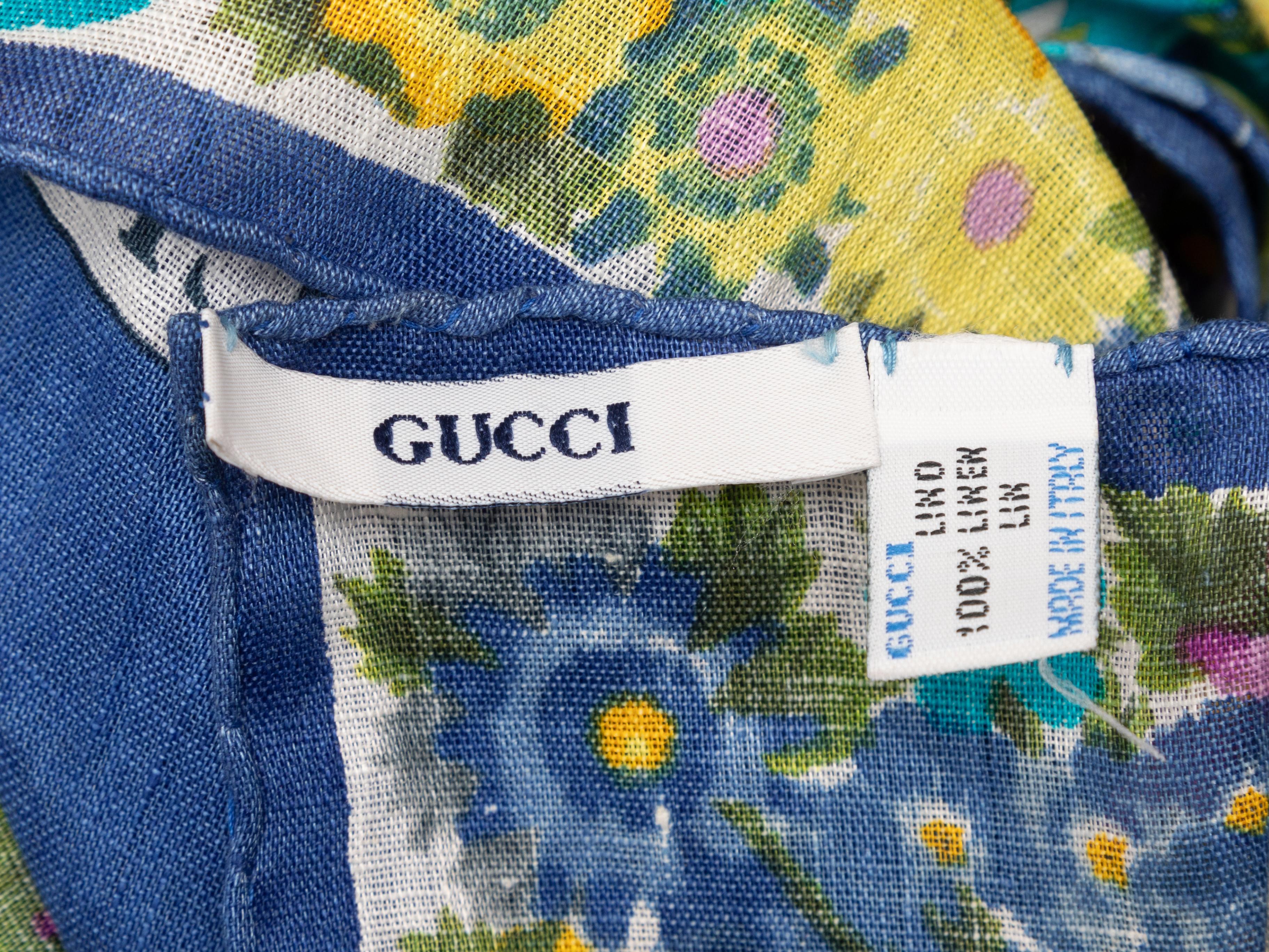 Blue and multicolor floral print linen square scarf by Gucci. 33